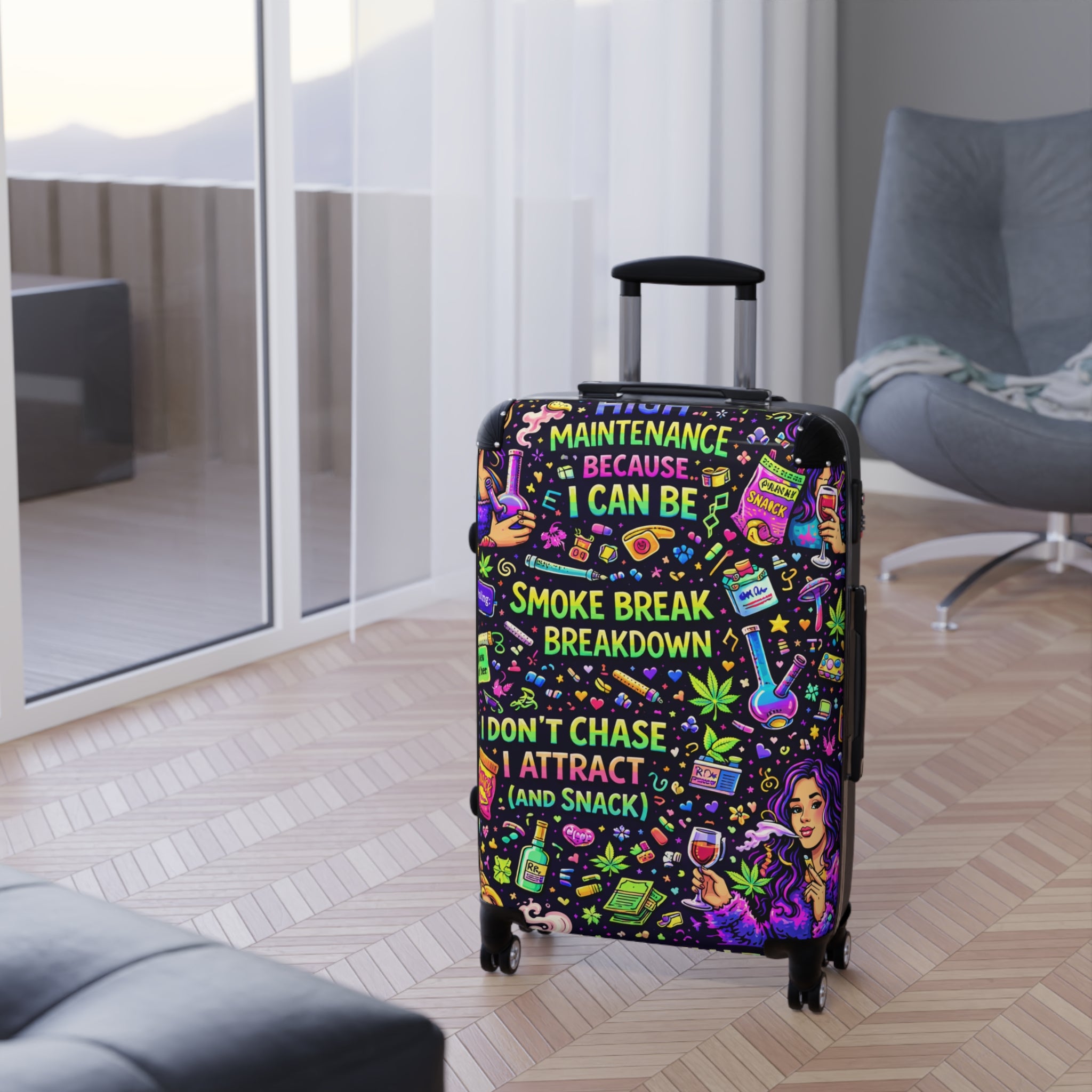 Suitcase — Colorful Cannabis Self-Care Carry-On: "Maintenance Because I Can Be" Travel Luggage