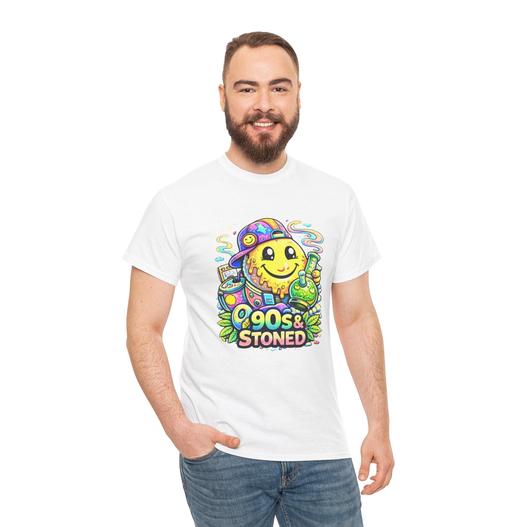 90s & Stoned Smiley Tee — Retro Vaporwave Cannabis Graphic T-Shirt