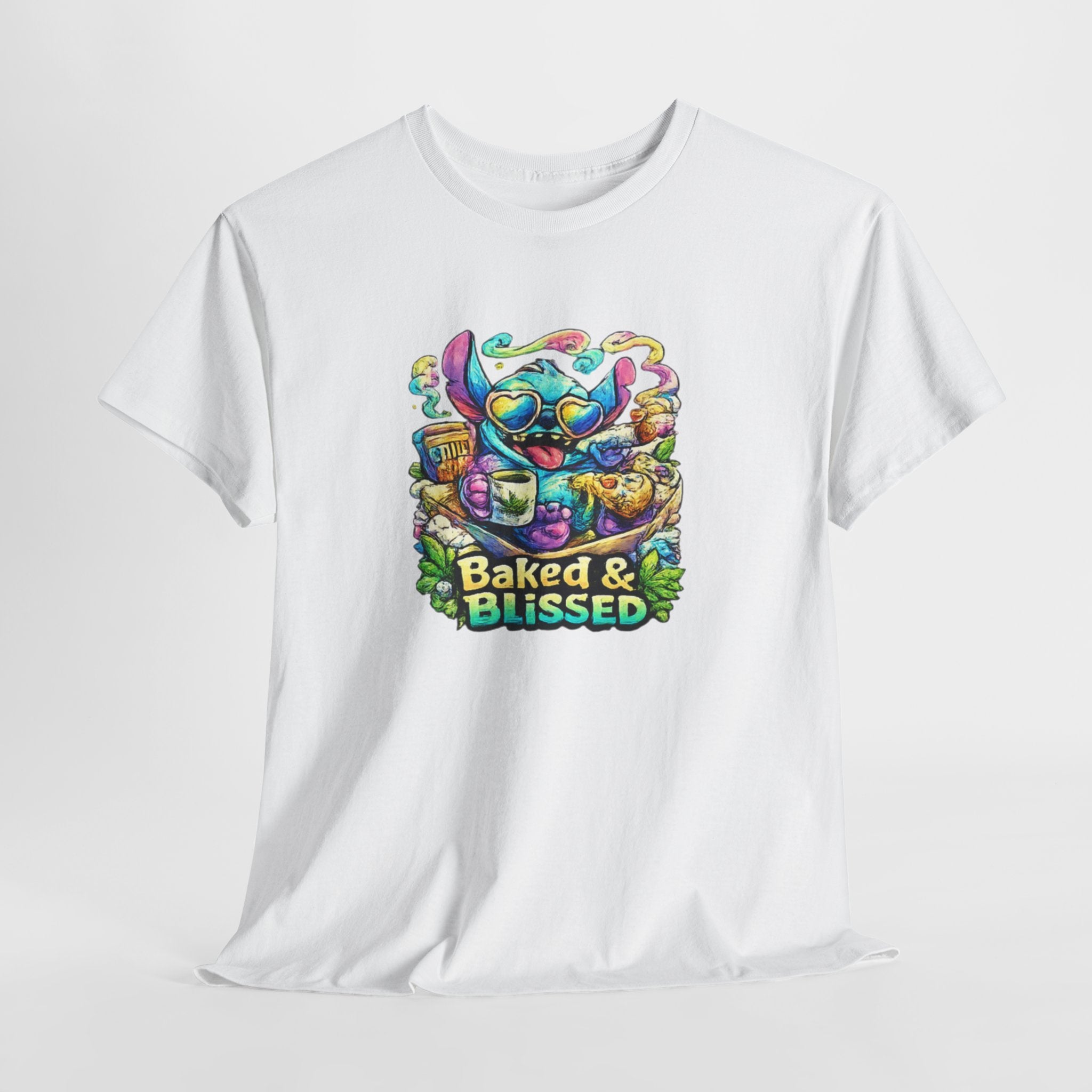 T-Shirt — Colorful 'Baked & Blissed' Cartoon Dessert Graphic Tee