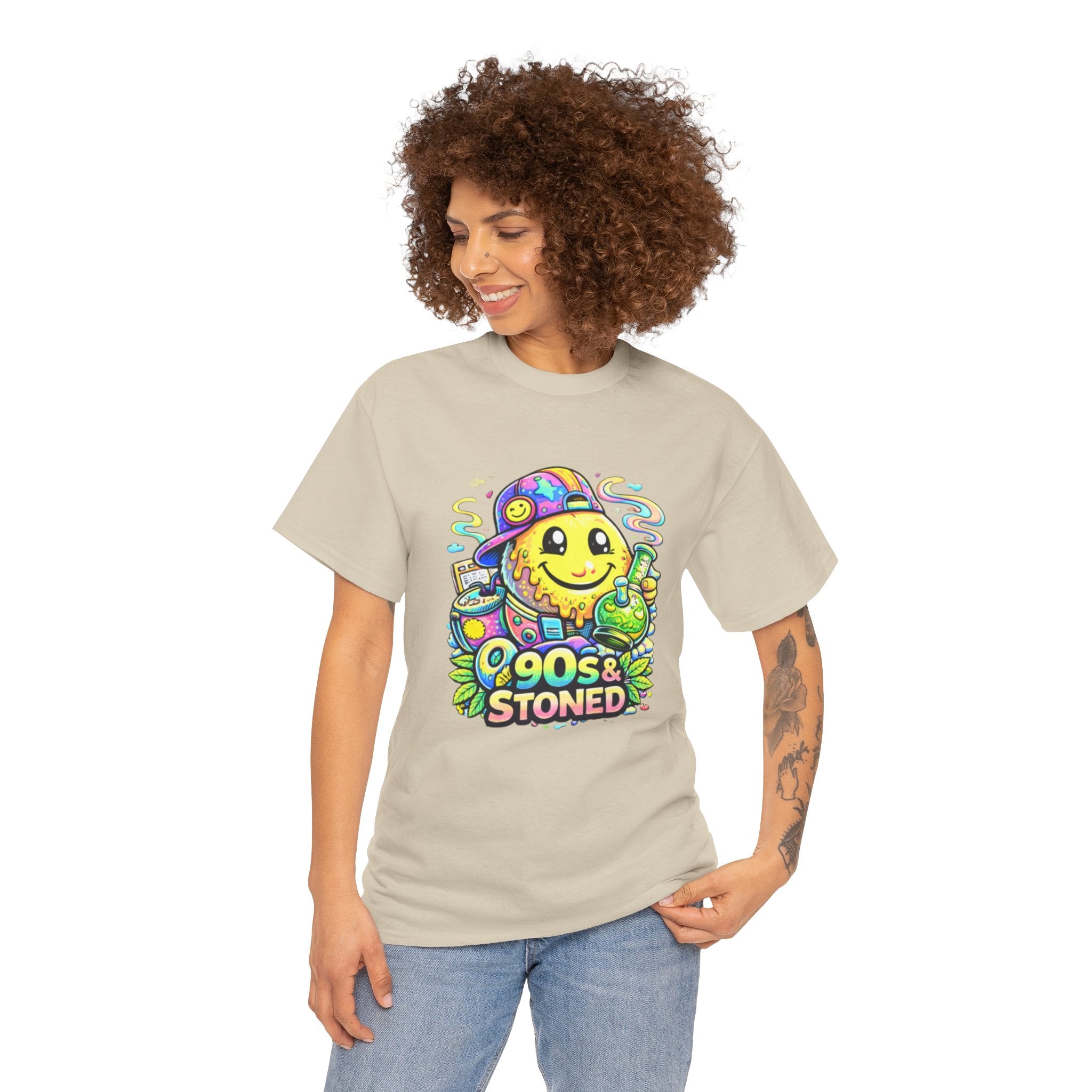 90s & Stoned Smiley Tee — Retro Vaporwave Cannabis Graphic T-Shirt