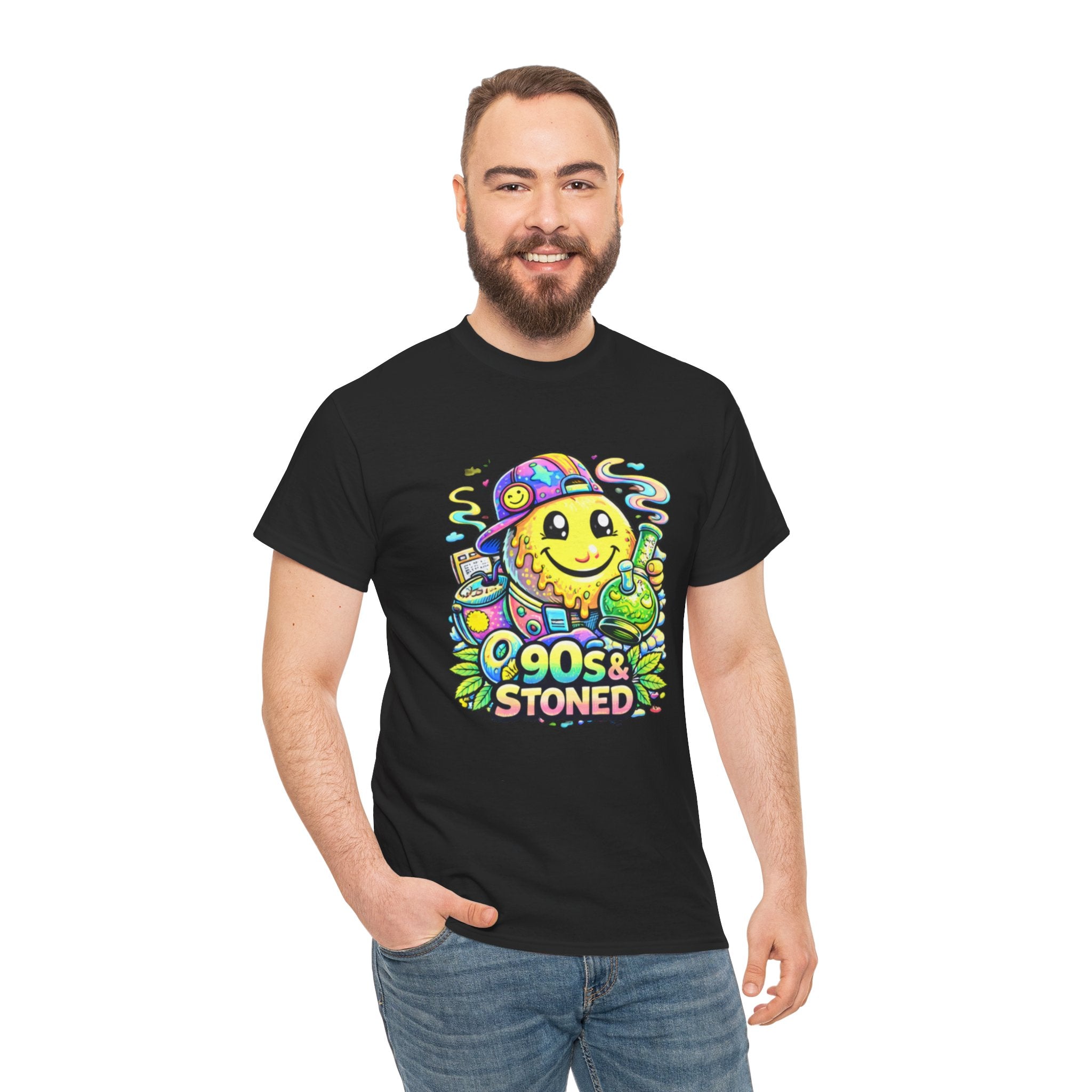 90s & Stoned Smiley Tee — Retro Vaporwave Cannabis Graphic T-Shirt