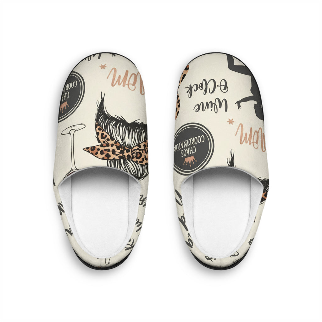 Women's Cozy 'Mom' Patterned Indoor Slippers – Leopard Bow & Wine Glass Design