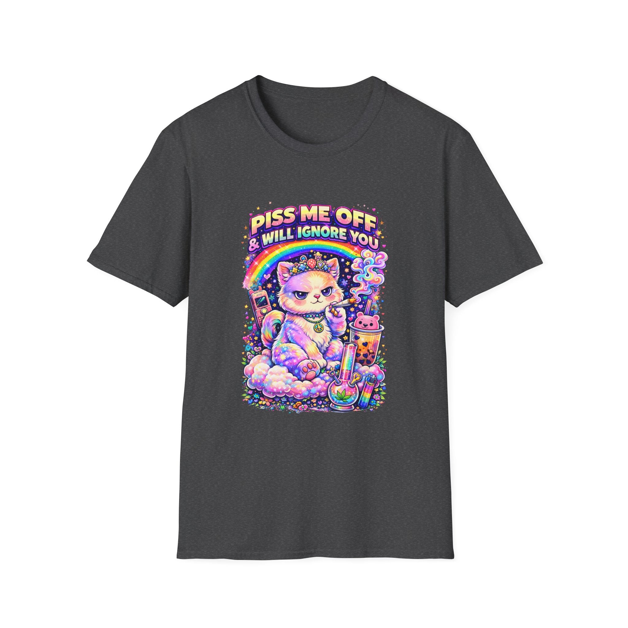 Graphic T-Shirt — "Piss Me Off & I Will Ignore You" Cute Grumpy Cat Rainbow Design