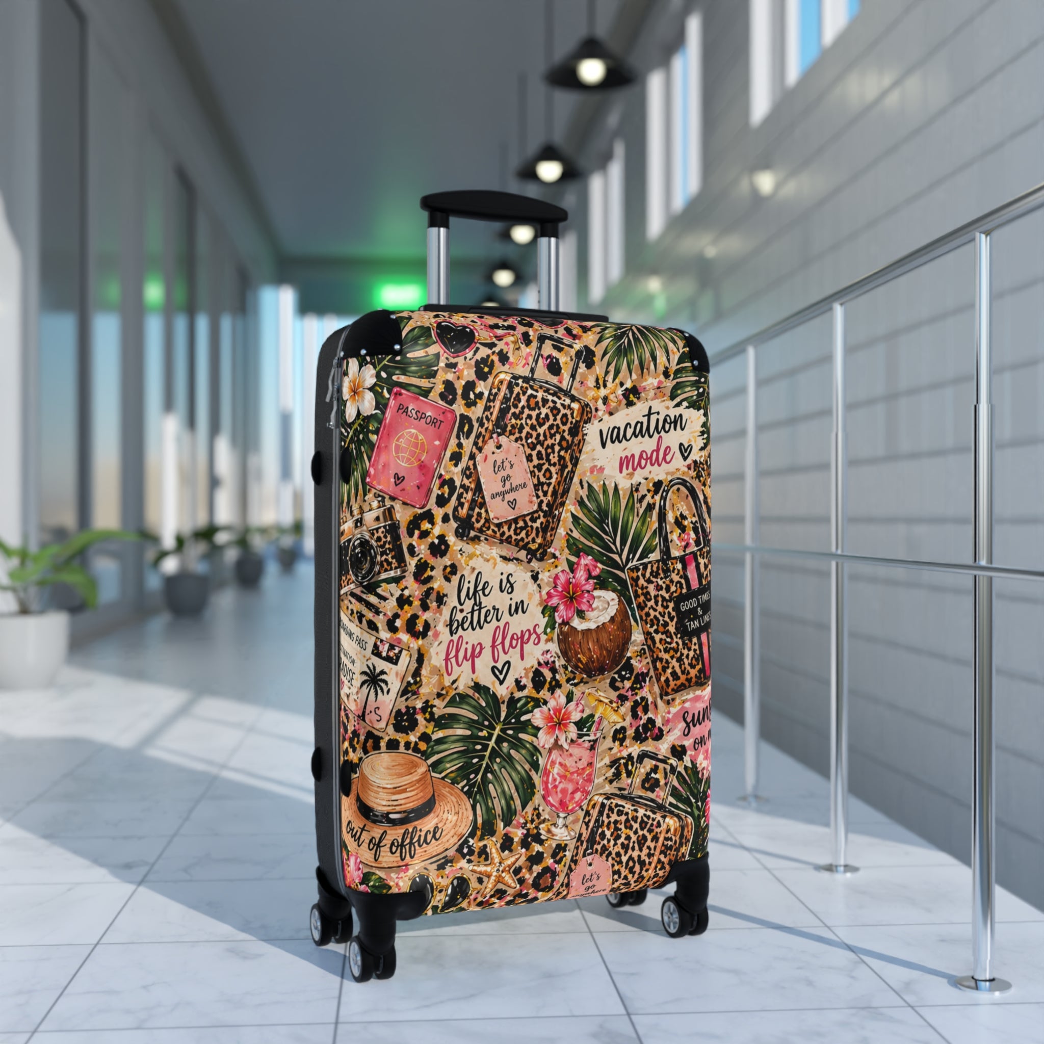 Leopard Tropical "Vacation Mode" Suitcase — Cabin Luggage Cover with ‘Life Is Better in Flip Flops’ Design