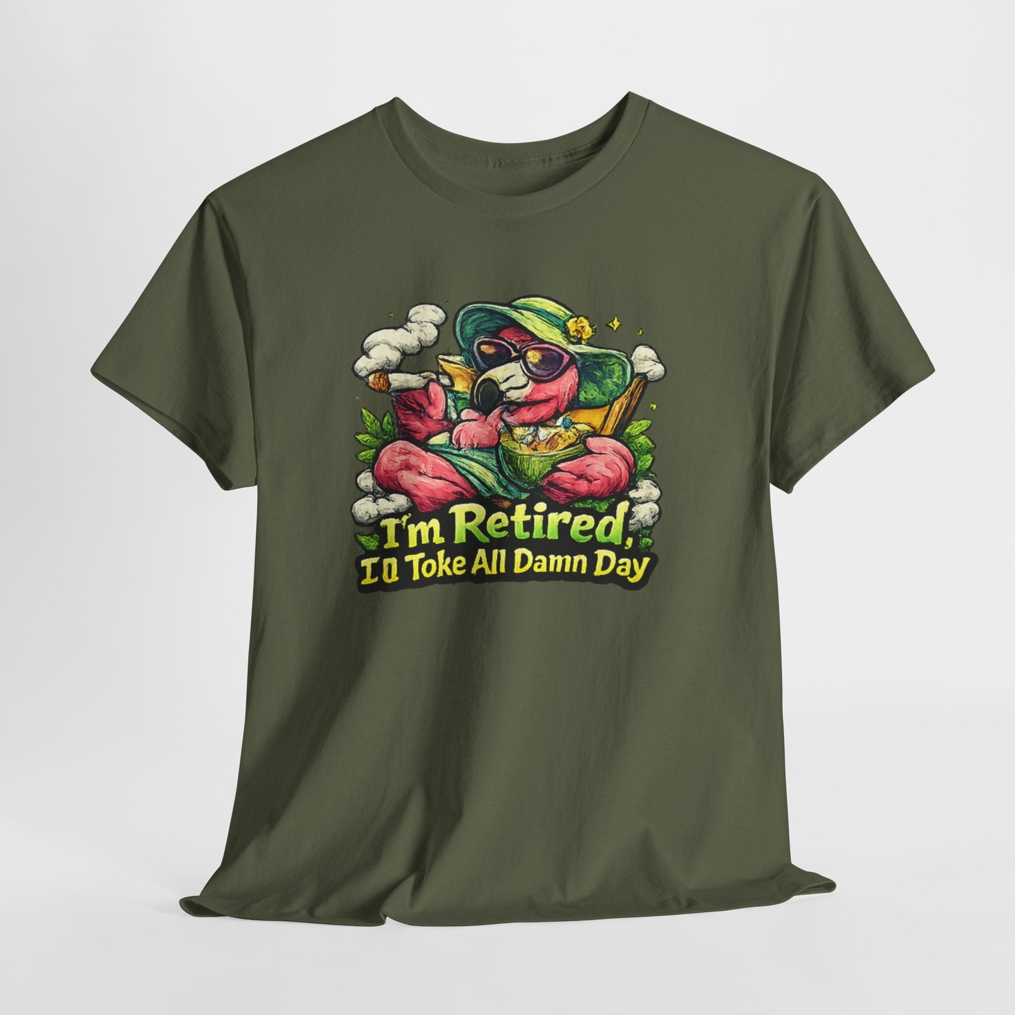 Retired Flamingo Tee — "I'm Retired, I'll Take All Damn Day" Retirement Humor T-Shirt
