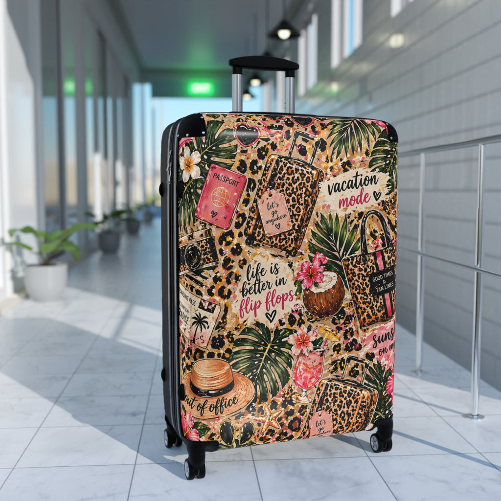 Leopard Tropical "Vacation Mode" Suitcase — Cabin Luggage Cover with ‘Life Is Better in Flip Flops’ Design
