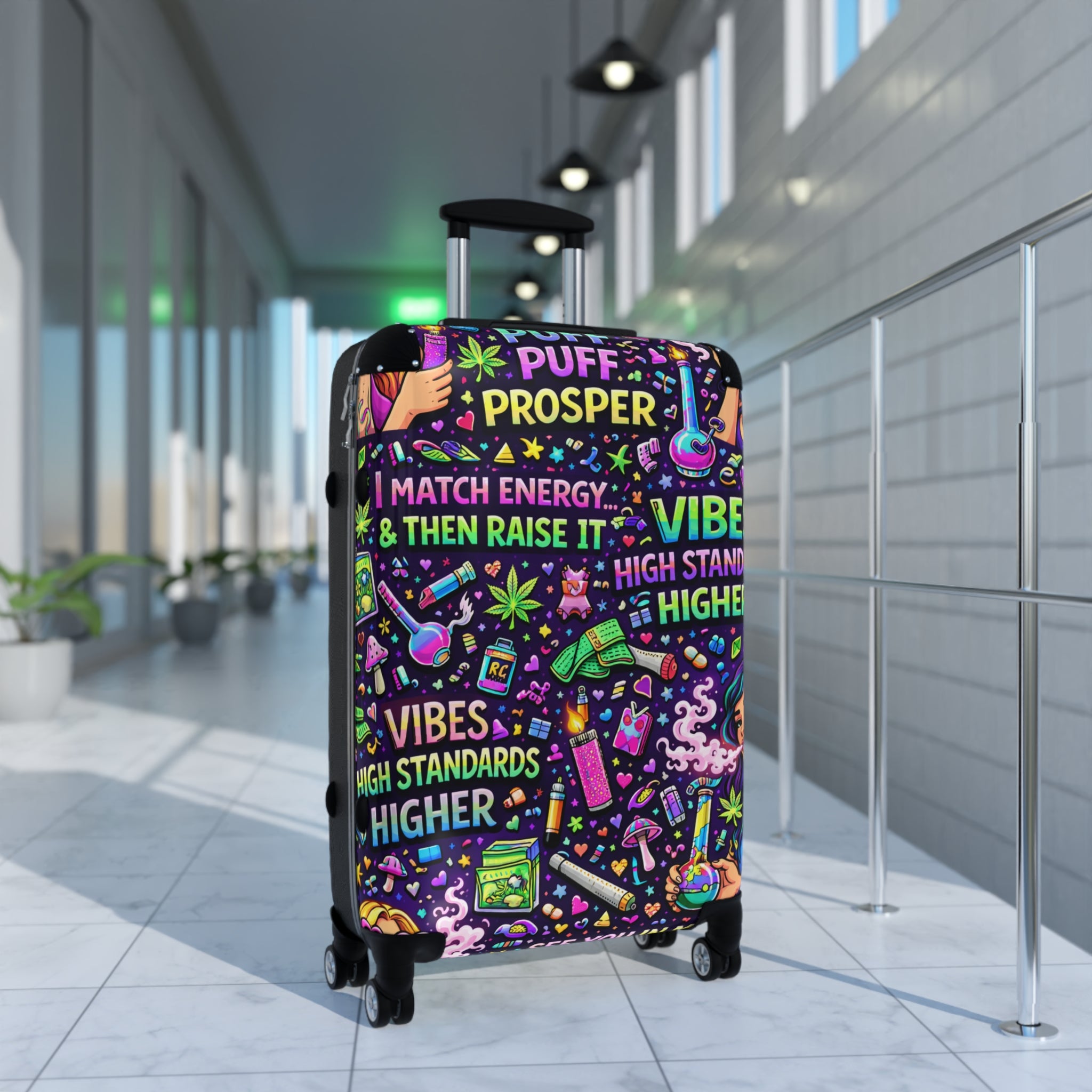 Suitcase - "Puff Prosper" Neon Travel Carry-On with Vibe & Good Energy Design
