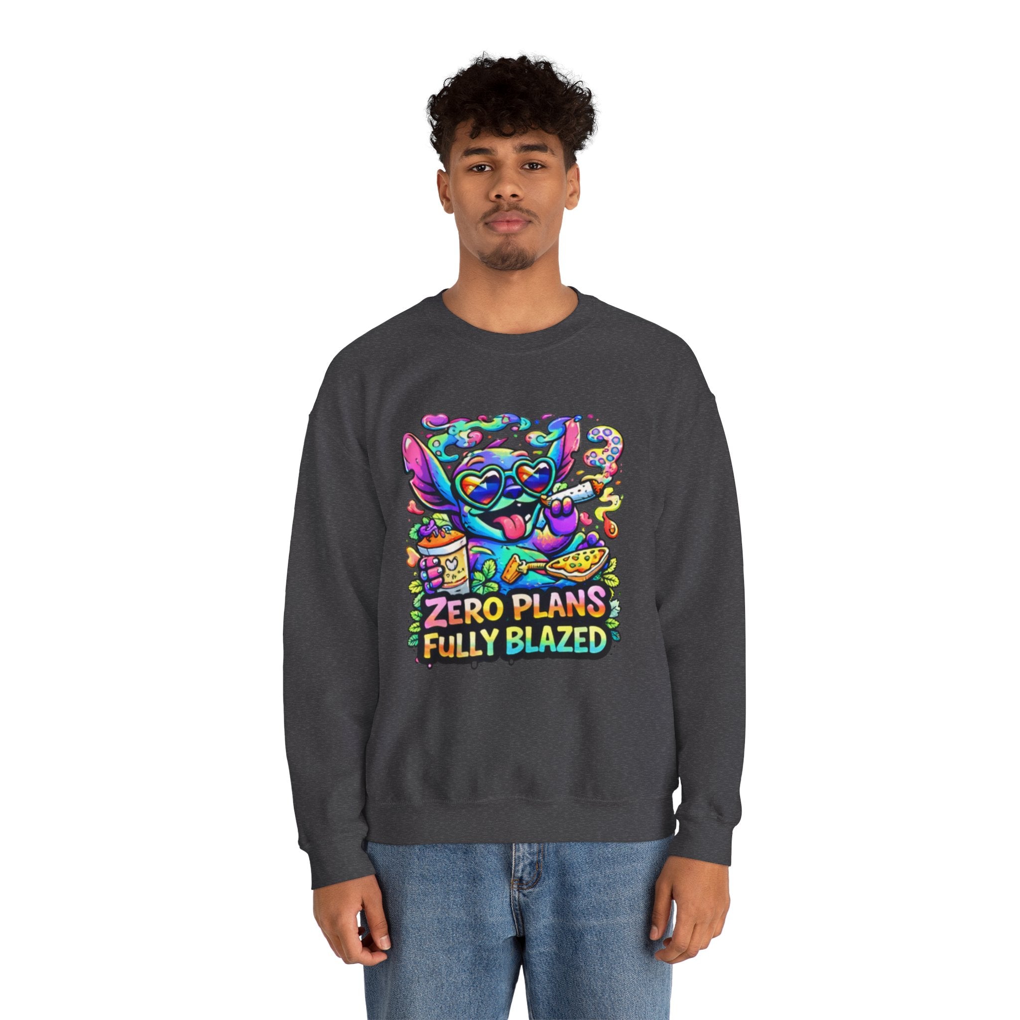 Crewneck Sweatshirt — "Zero Plans Fully Blazed" Colorful Stoner Cartoon Graphic