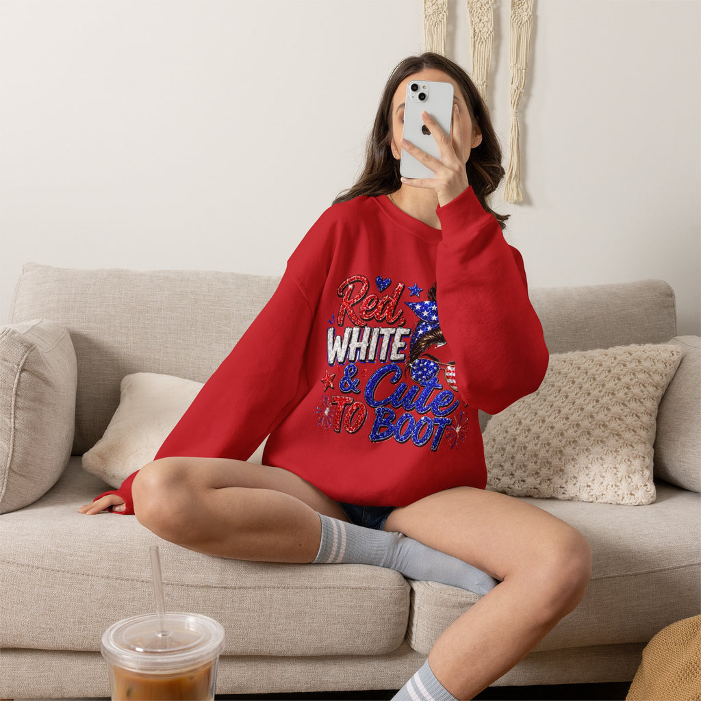 Crewneck Sweatshirt - "Red, White & Cute to Boot" Patriotic Women’s Graphic