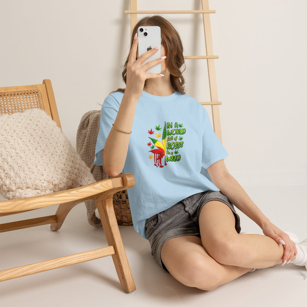 T-Shirt — "In A World Where Mosses Rule" Colorful Mushroom & Leaf Graphic