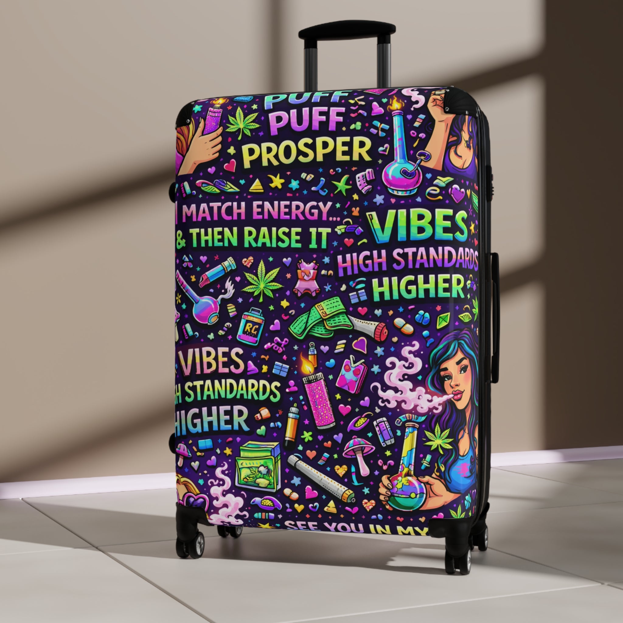 Suitcase - "Puff Prosper" Neon Travel Carry-On with Vibe & Good Energy Design