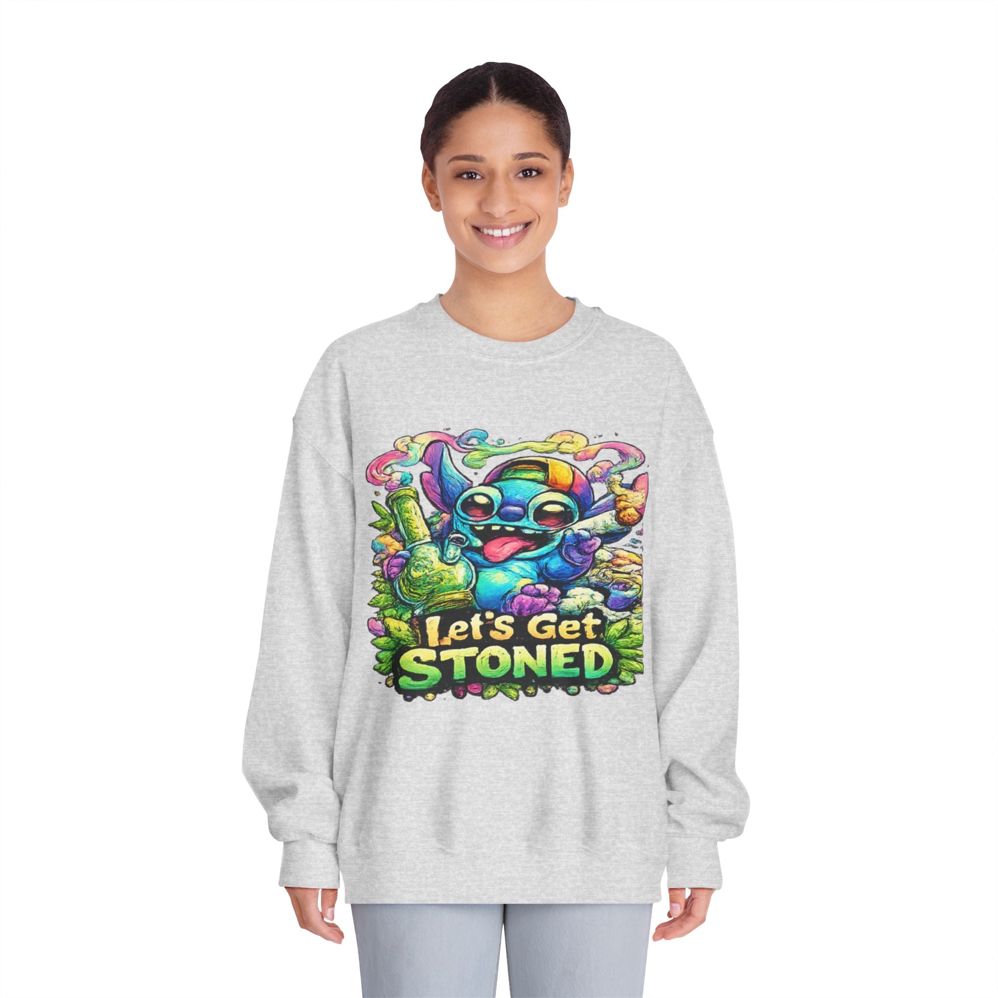 Let's Get Stoned Crewneck Sweatshirt – Colorful Psychedelic Alien Graphic