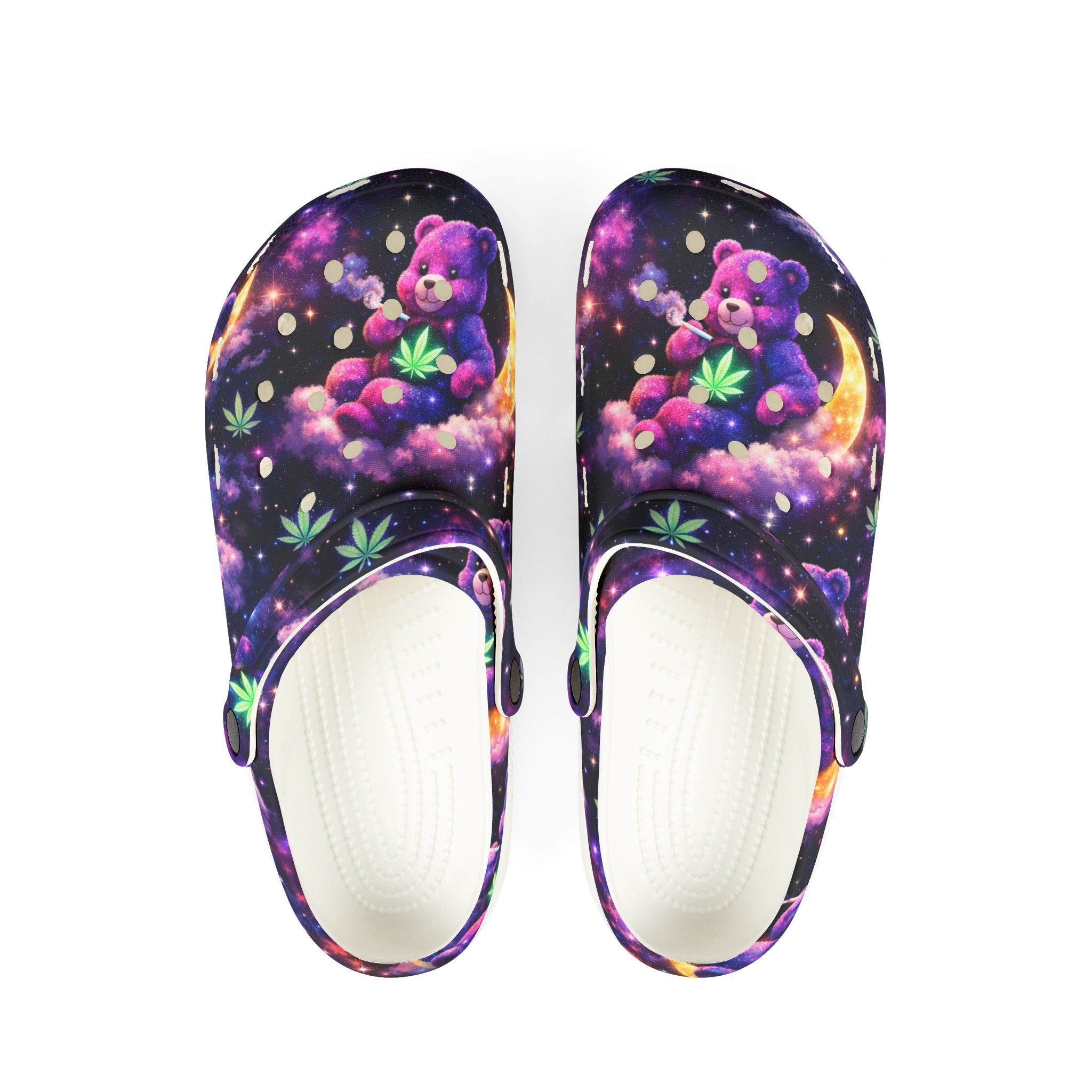 Celestial Teddy Moon EVA Clogs — Purple Galaxy Forest Print Foam Shoes