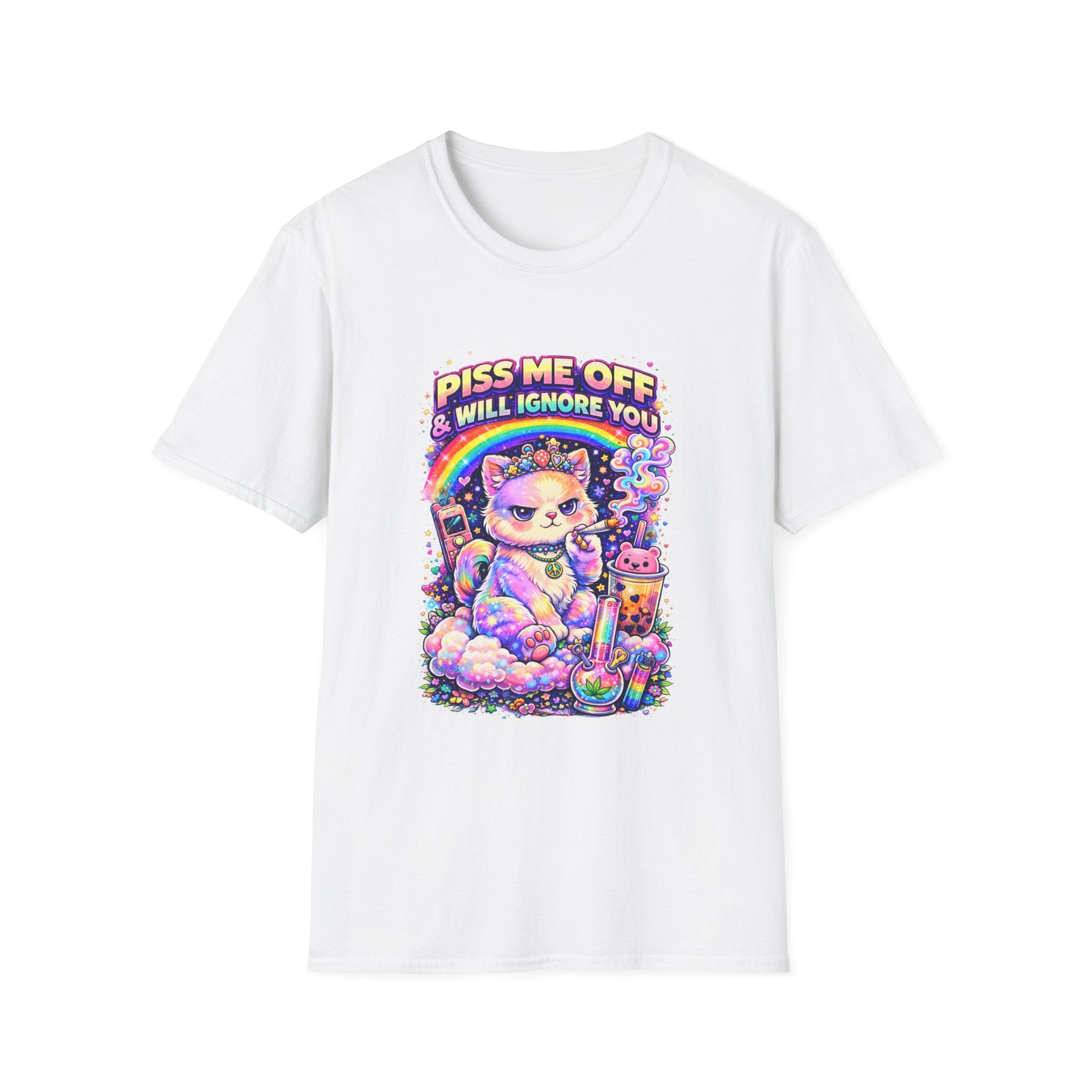 Graphic T-Shirt — "Piss Me Off & I Will Ignore You" Cute Grumpy Cat Rainbow Design