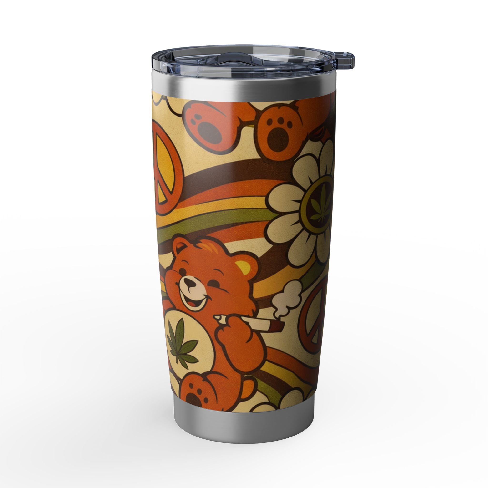 Retro Hippie Tumbler — 20oz Peace, Flower & Bear Travel Cup
