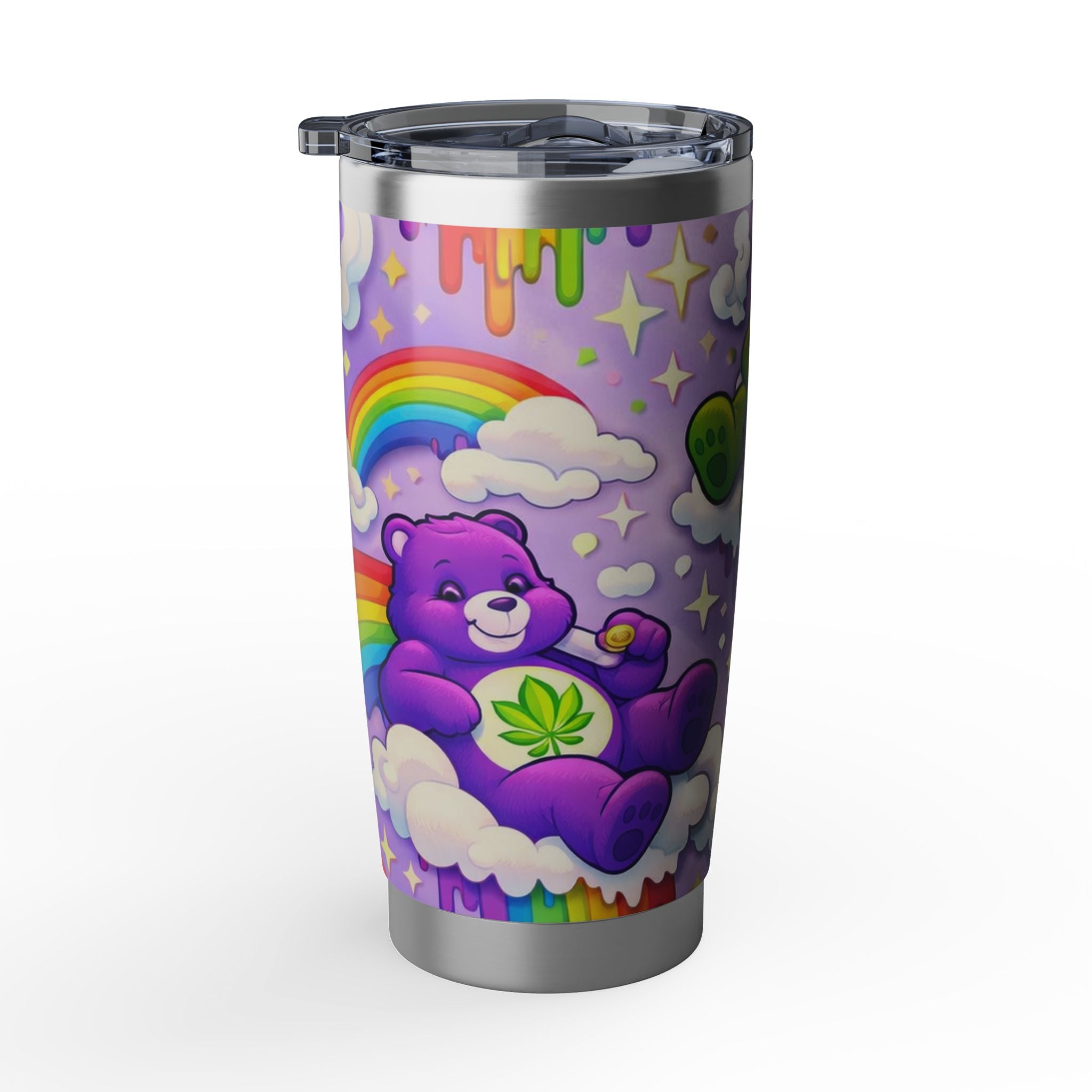 20oz Tumbler — Psychedelic Rainbow Bear Travel Cup with Leaf Motif