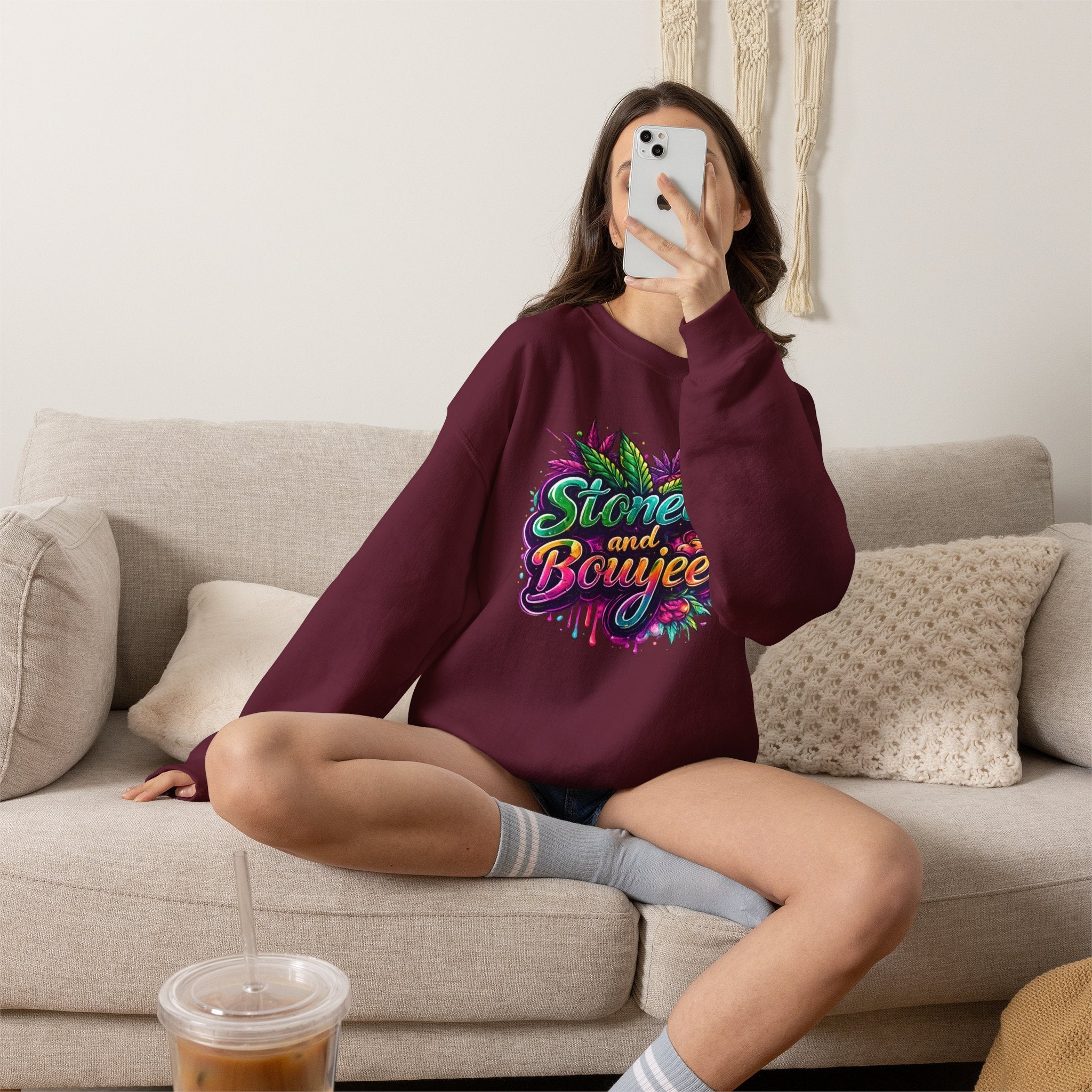 Crewneck Sweatshirt — "Stoned and Boujee" Colorful Cannabis Graphic