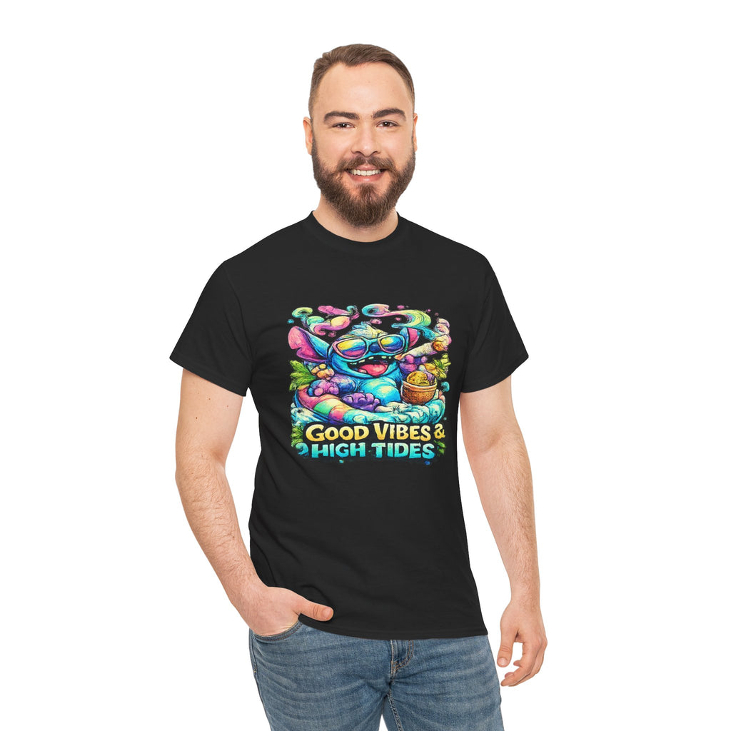 T-Shirt — "Good Vibes & High Tides" Colorful Surf Shark Graphic Tee