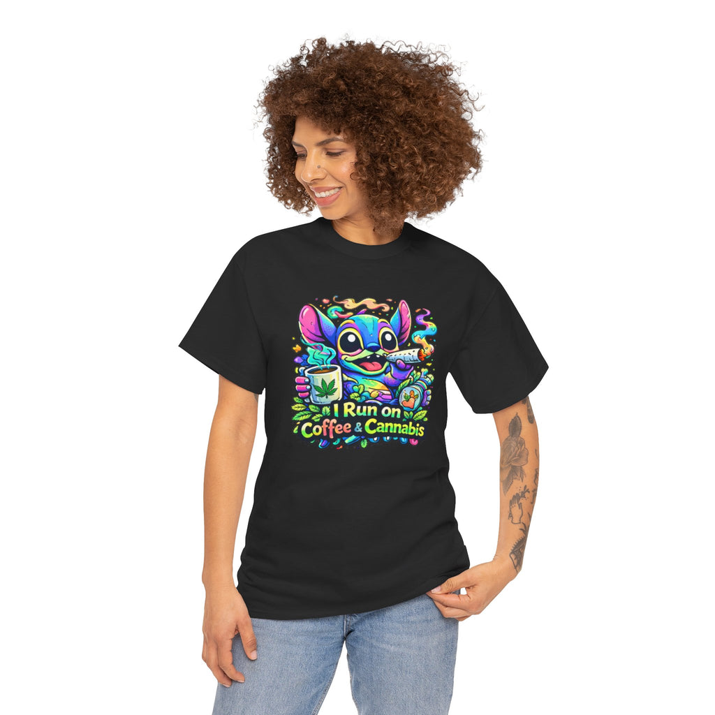 Coffee & Cannabis Tee — 'I Run on Coffee & Cannabis' Cute Stitch Graphic T-Shirt