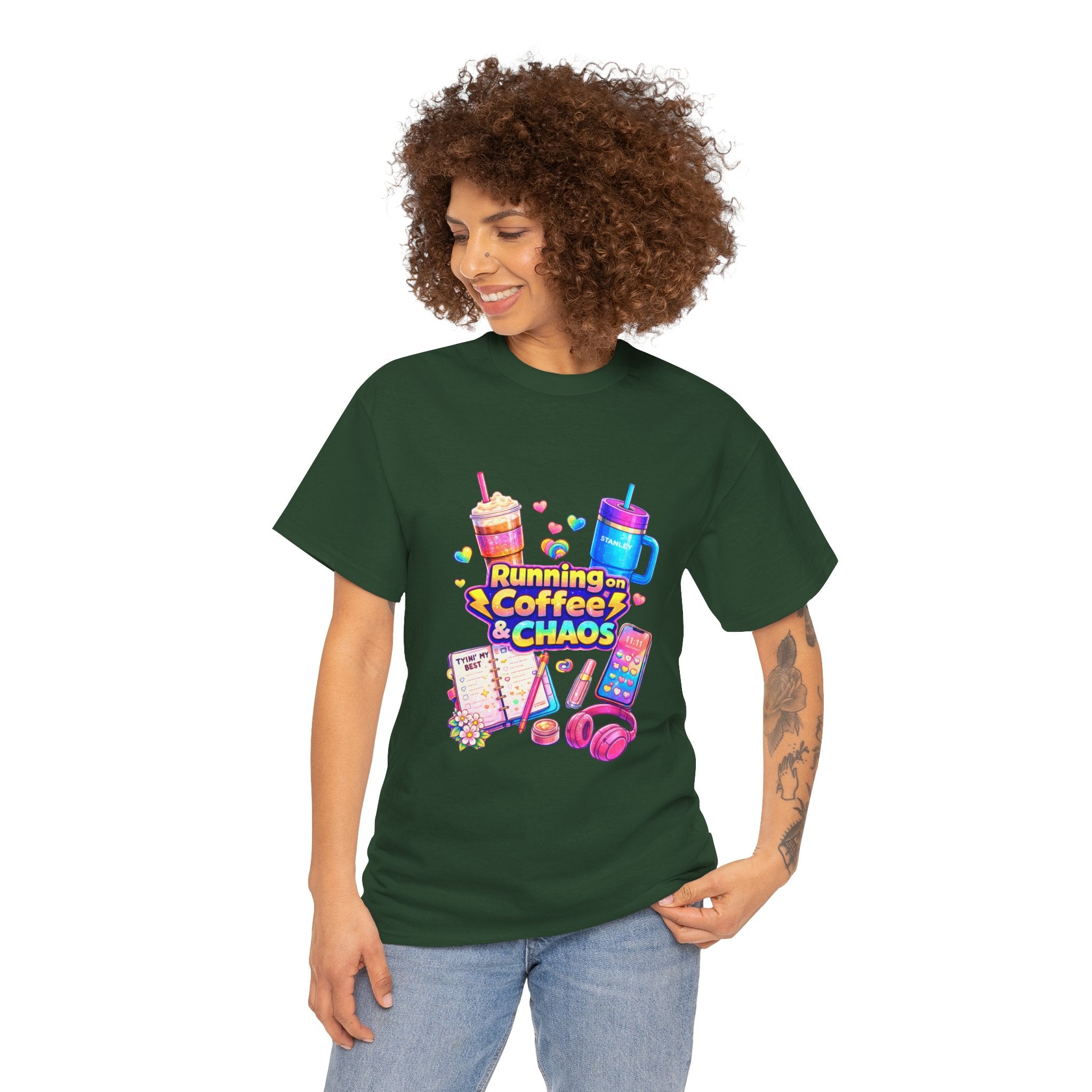 Graphic Tee — "Running on Coffee & Chaos" Colorful Planner Lover Shirt