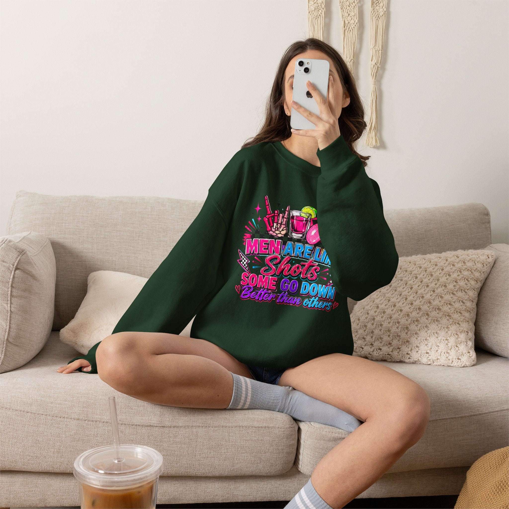 Crewneck Sweatshirt — "Men Are Like Shots" Retro Neon Cocktail Graphic