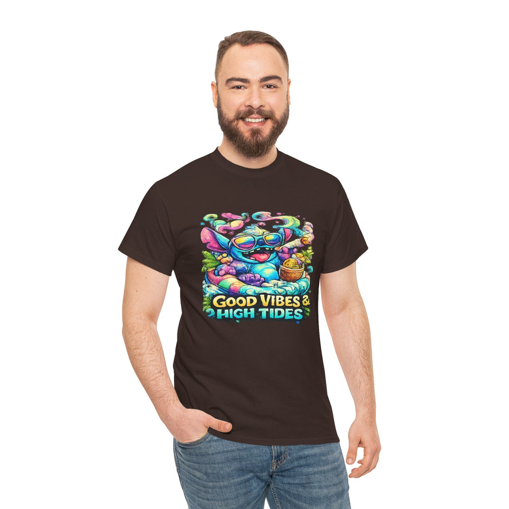 T-Shirt — "Good Vibes & High Tides" Colorful Surf Shark Graphic Tee