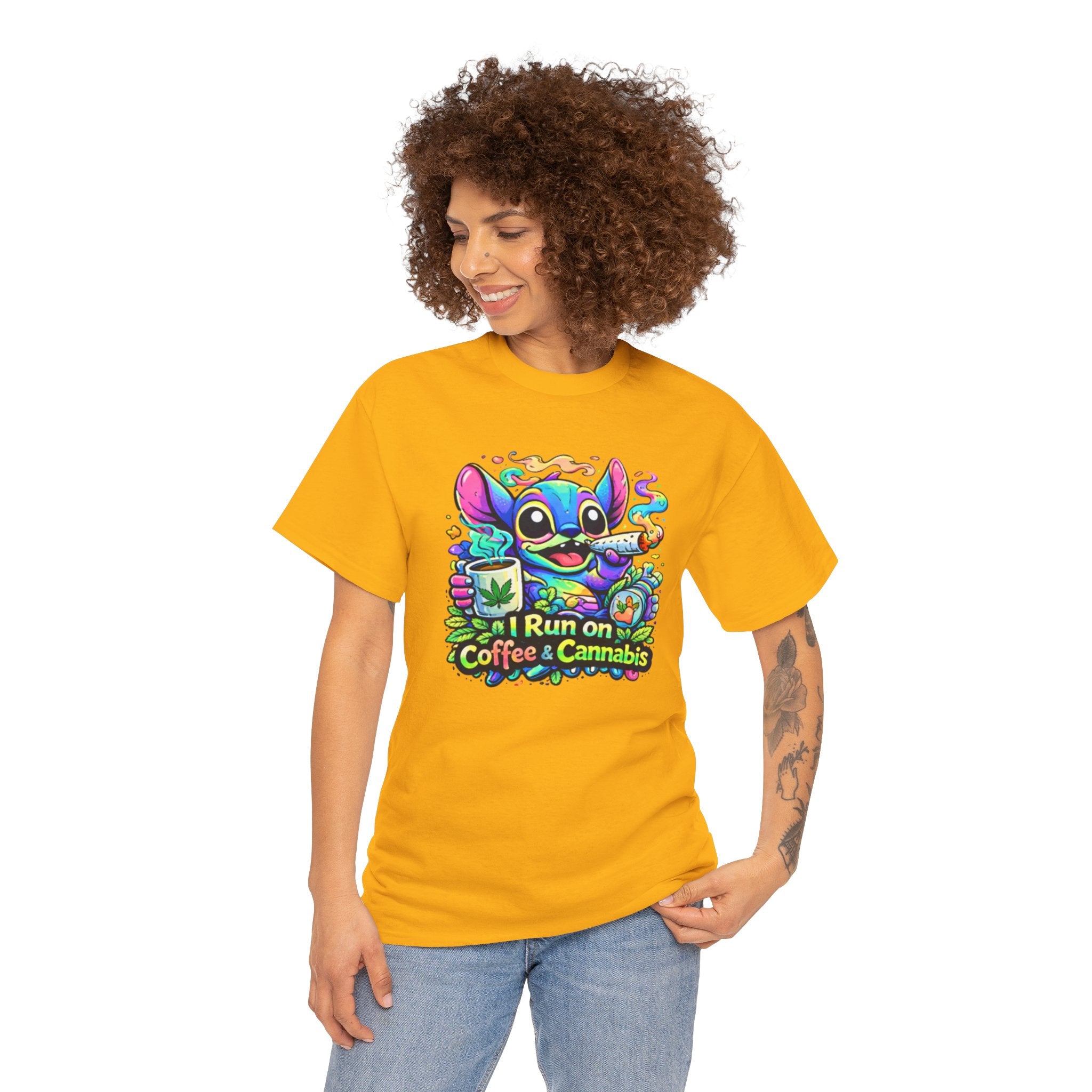 Coffee & Cannabis Tee — 'I Run on Coffee & Cannabis' Cute Stitch Graphic T-Shirt