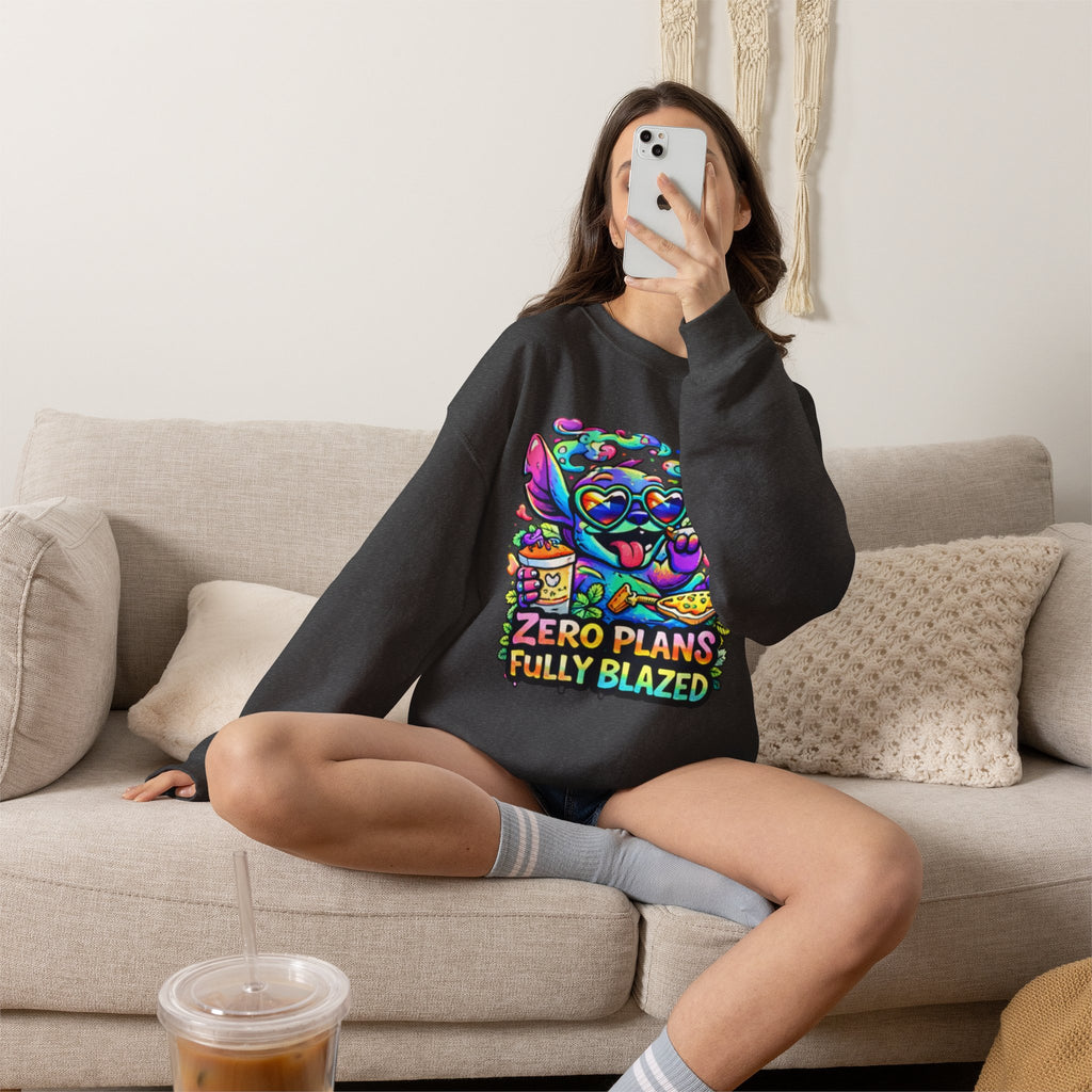 Crewneck Sweatshirt — "Zero Plans Fully Blazed" Colorful Stoner Cartoon Graphic