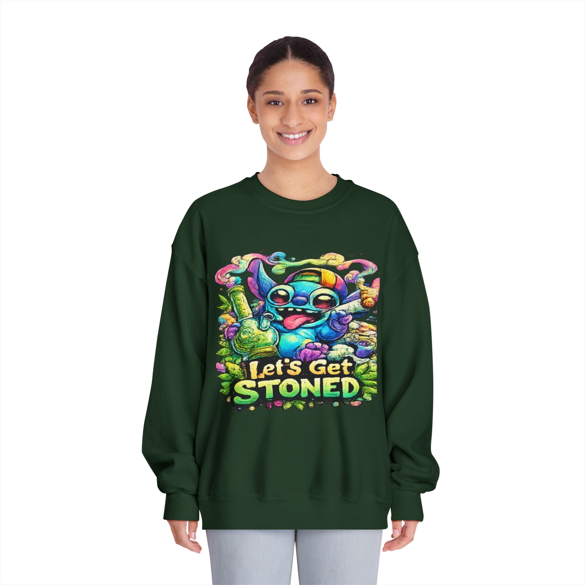 Let's Get Stoned Crewneck Sweatshirt – Colorful Psychedelic Alien Graphic