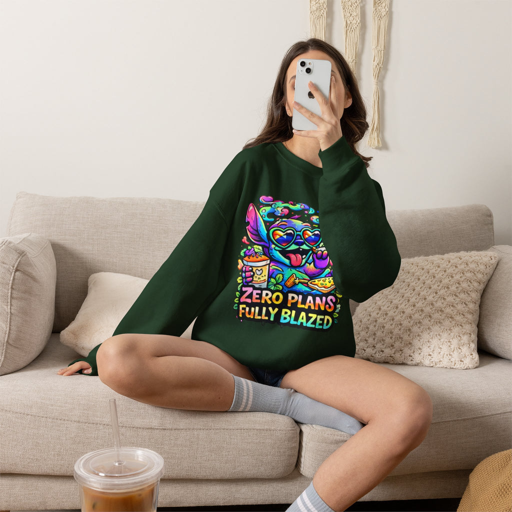 Crewneck Sweatshirt — "Zero Plans Fully Blazed" Colorful Stoner Cartoon Graphic