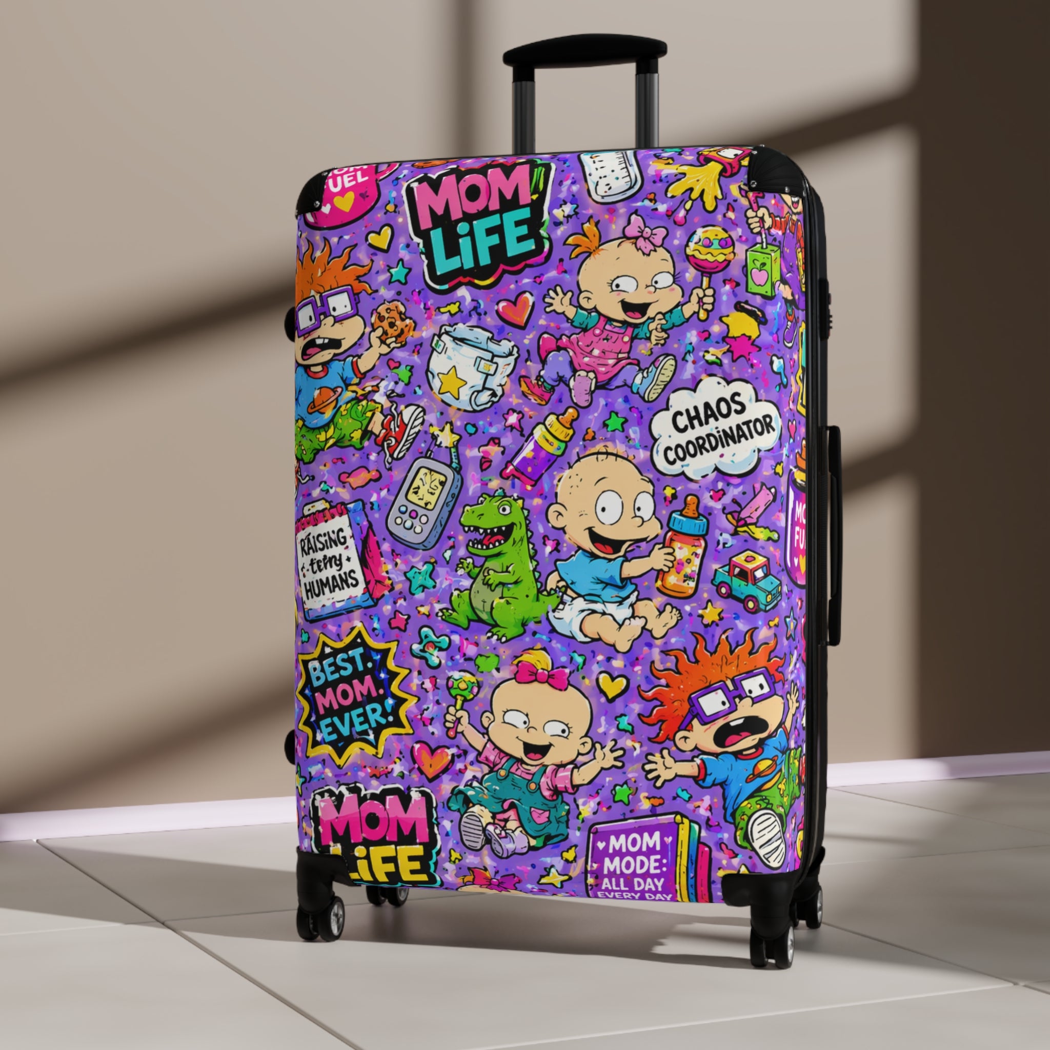 Mom Life Cartoon Suitcase — Colorful Travel Luggage with 'Mom Life' & Chaos Coordinator Design