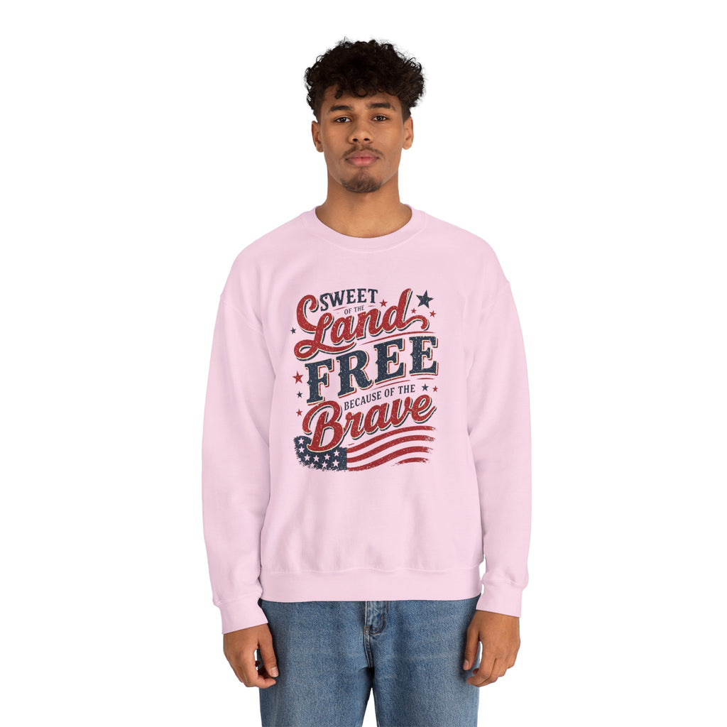 Crewneck Sweatshirt — "Sweet Land Free Because of the Brave" Patriotic Flag Design