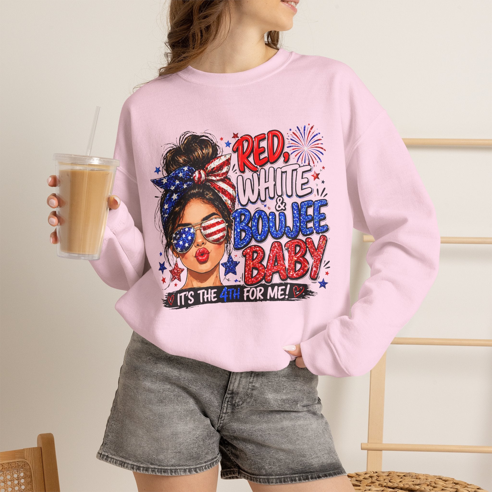 Crewneck Sweatshirt — "Red White Boujee Baby" Patriotic Women's 4th of July Graphic