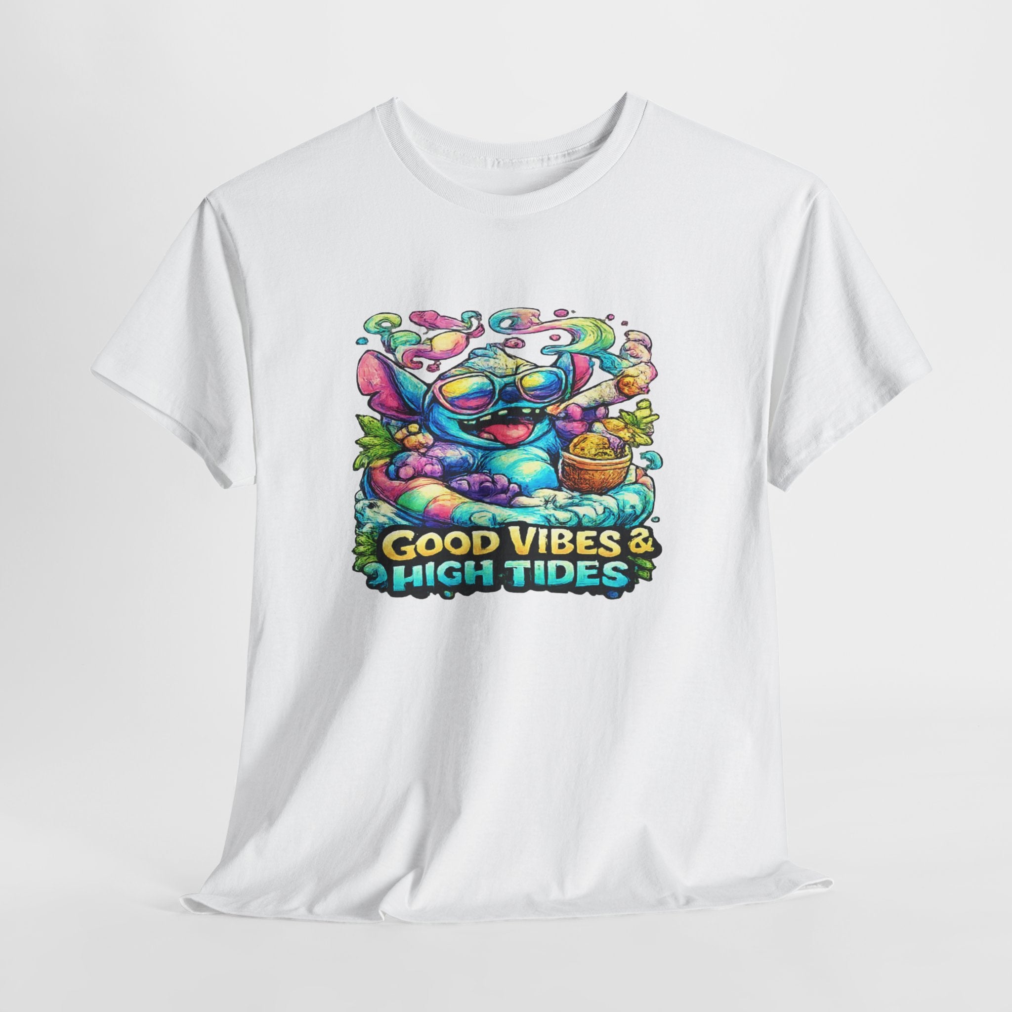 T-Shirt — "Good Vibes & High Tides" Colorful Surf Shark Graphic Tee
