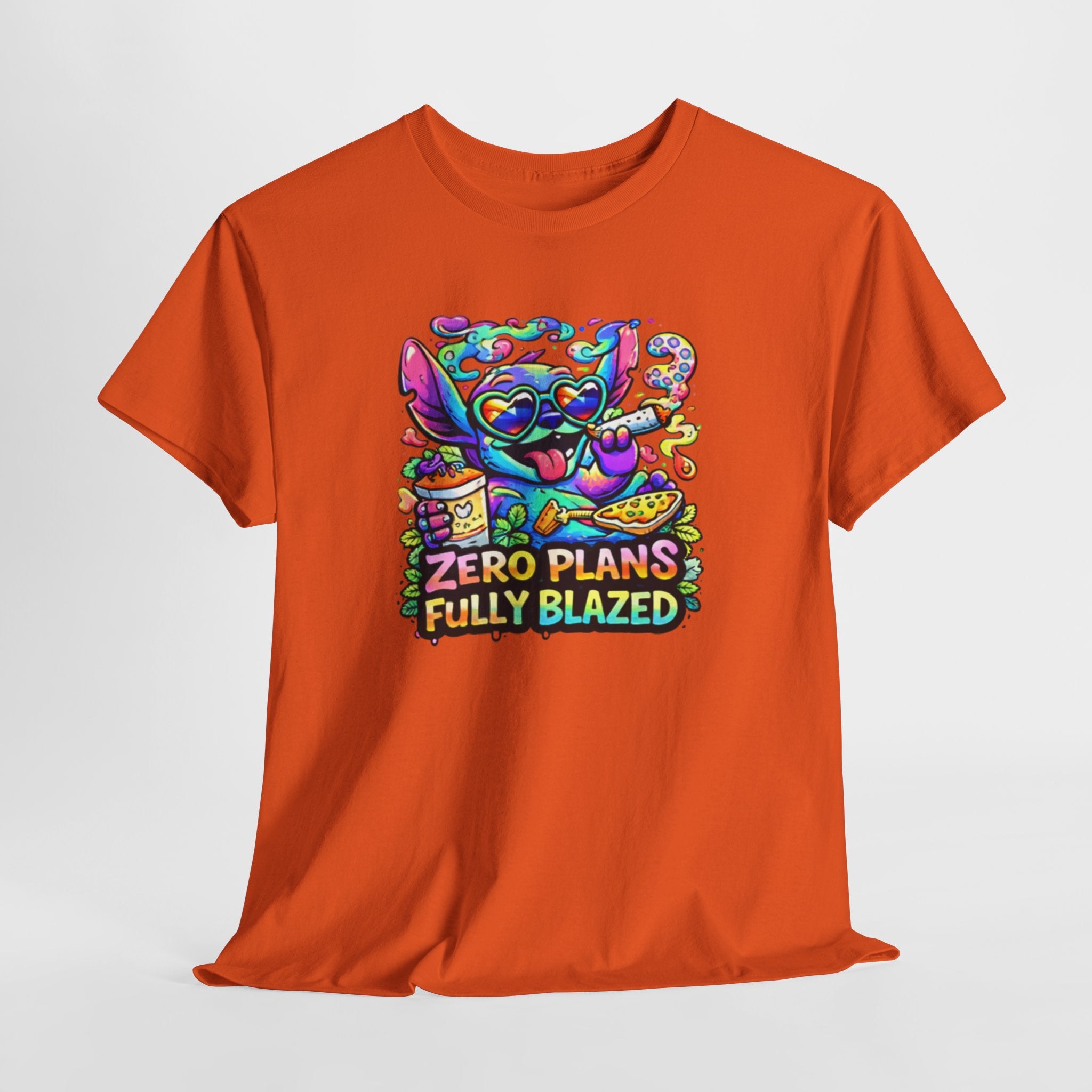Zero Plans Fully Blazed Tee — Colorful Stoner Cat Graphic T-Shirt