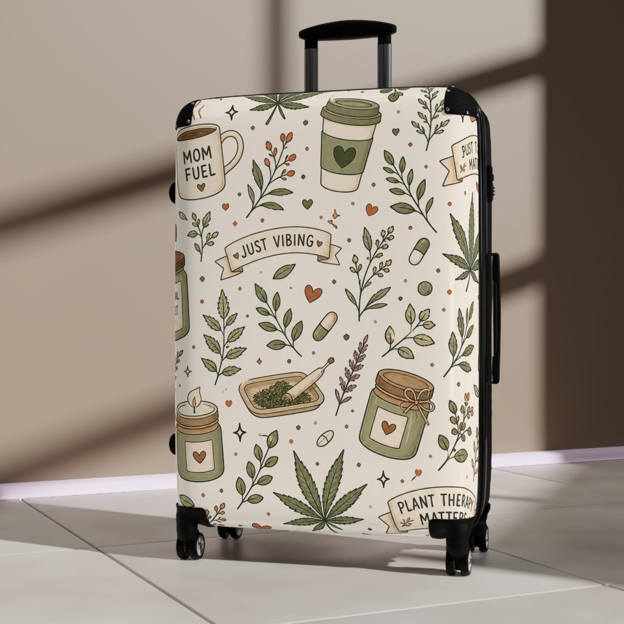 Suitcase — "Just Vibing" Mom Fuel Travel Luggage with Botanical Coffee & Hemp Pattern