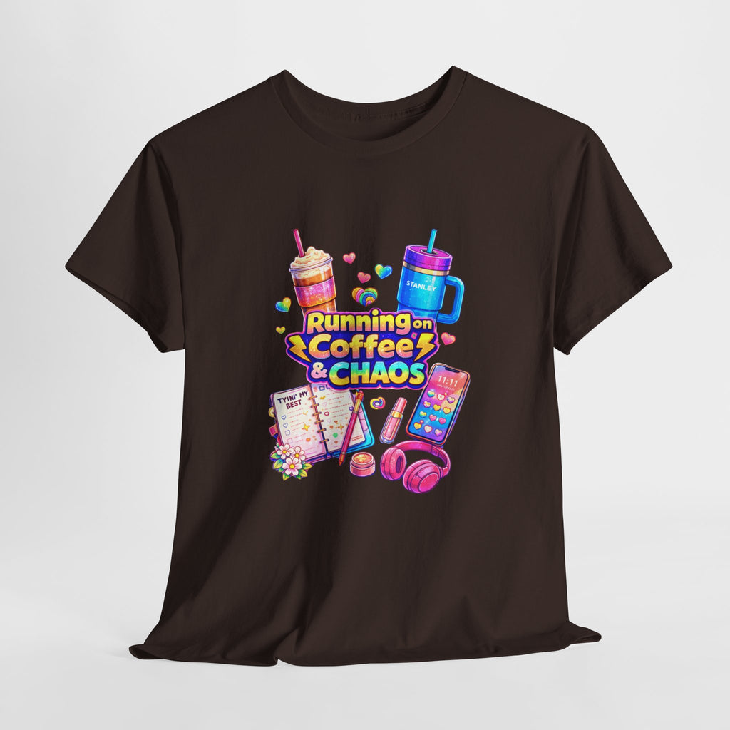 Graphic Tee — "Running on Coffee & Chaos" Colorful Planner Lover Shirt