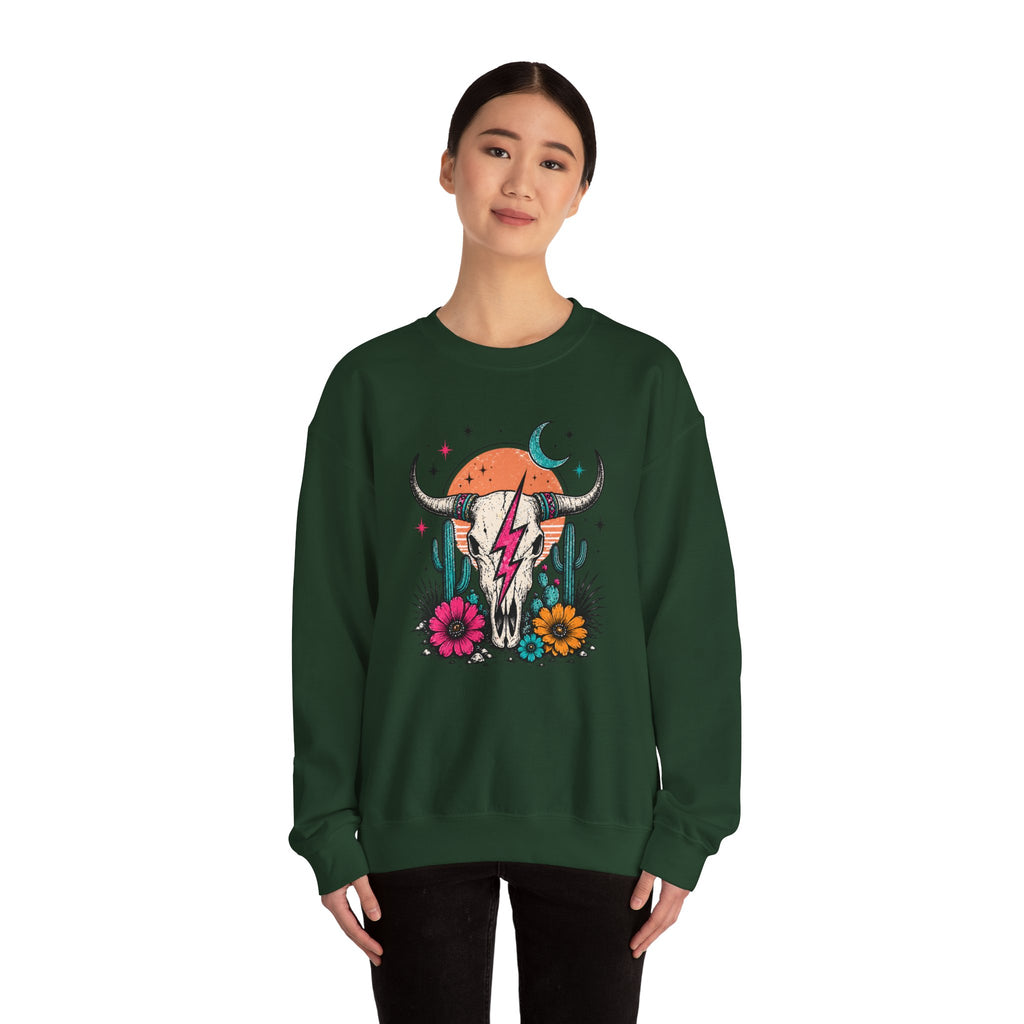 Southwest Skull Crewneck Sweatshirt — Desert Cactus Lightning Graphic