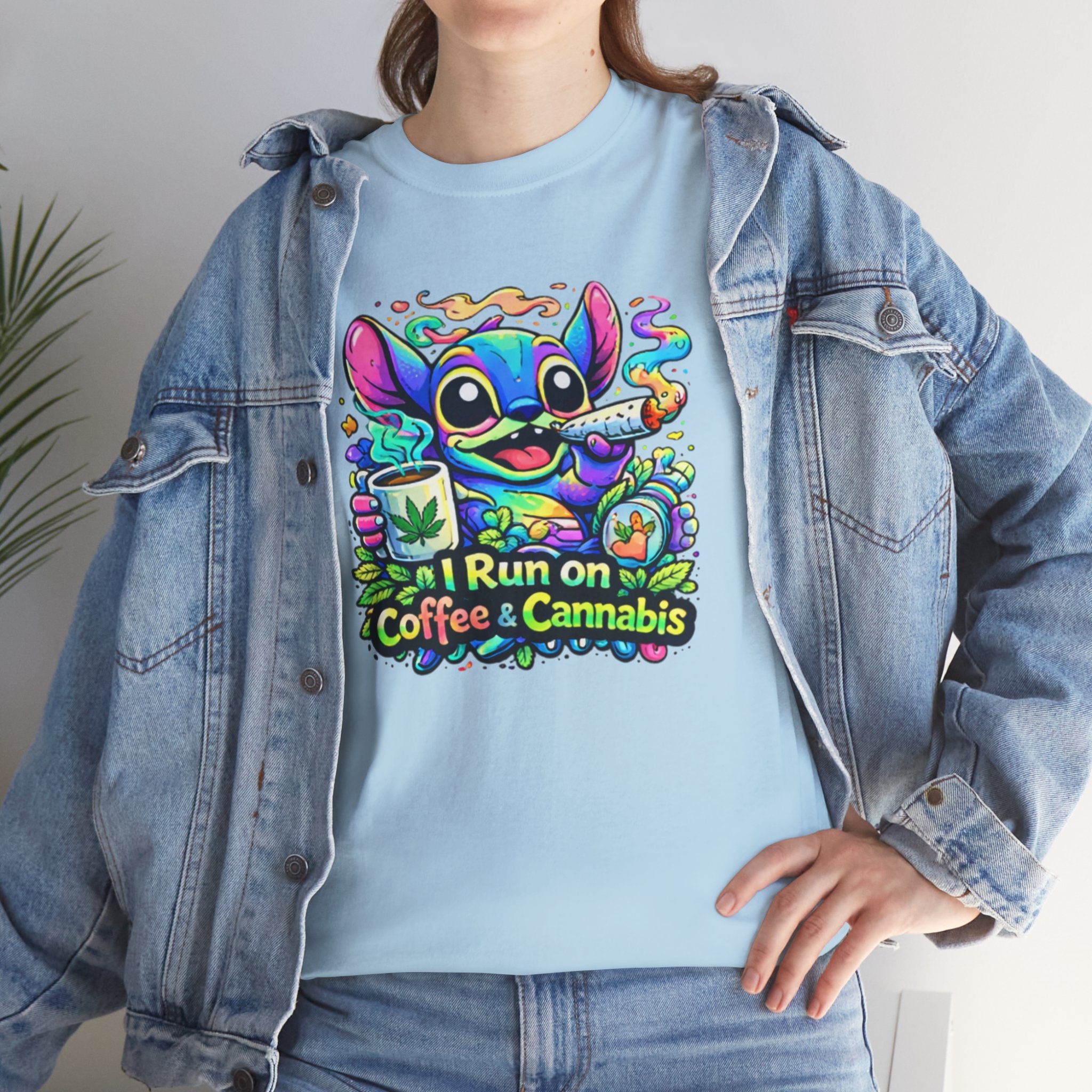 Coffee & Cannabis Tee — 'I Run on Coffee & Cannabis' Cute Stitch Graphic T-Shirt