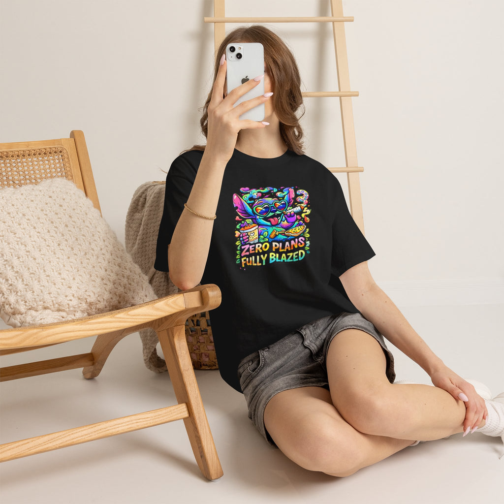 Zero Plans Fully Blazed Tee — Colorful Stoner Cat Graphic T-Shirt