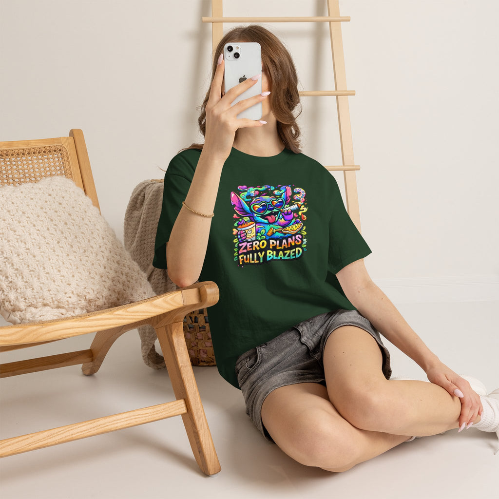 Zero Plans Fully Blazed Tee — Colorful Stoner Cat Graphic T-Shirt