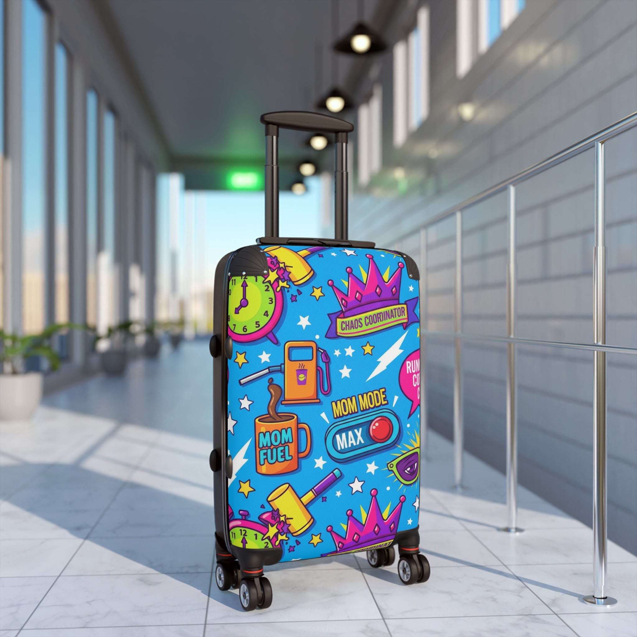 Mom Fuel Suitcase – Colorful Travel Luggage with 'Mom Mode' & 'Chaos Coordinator' Pop-Art Design
