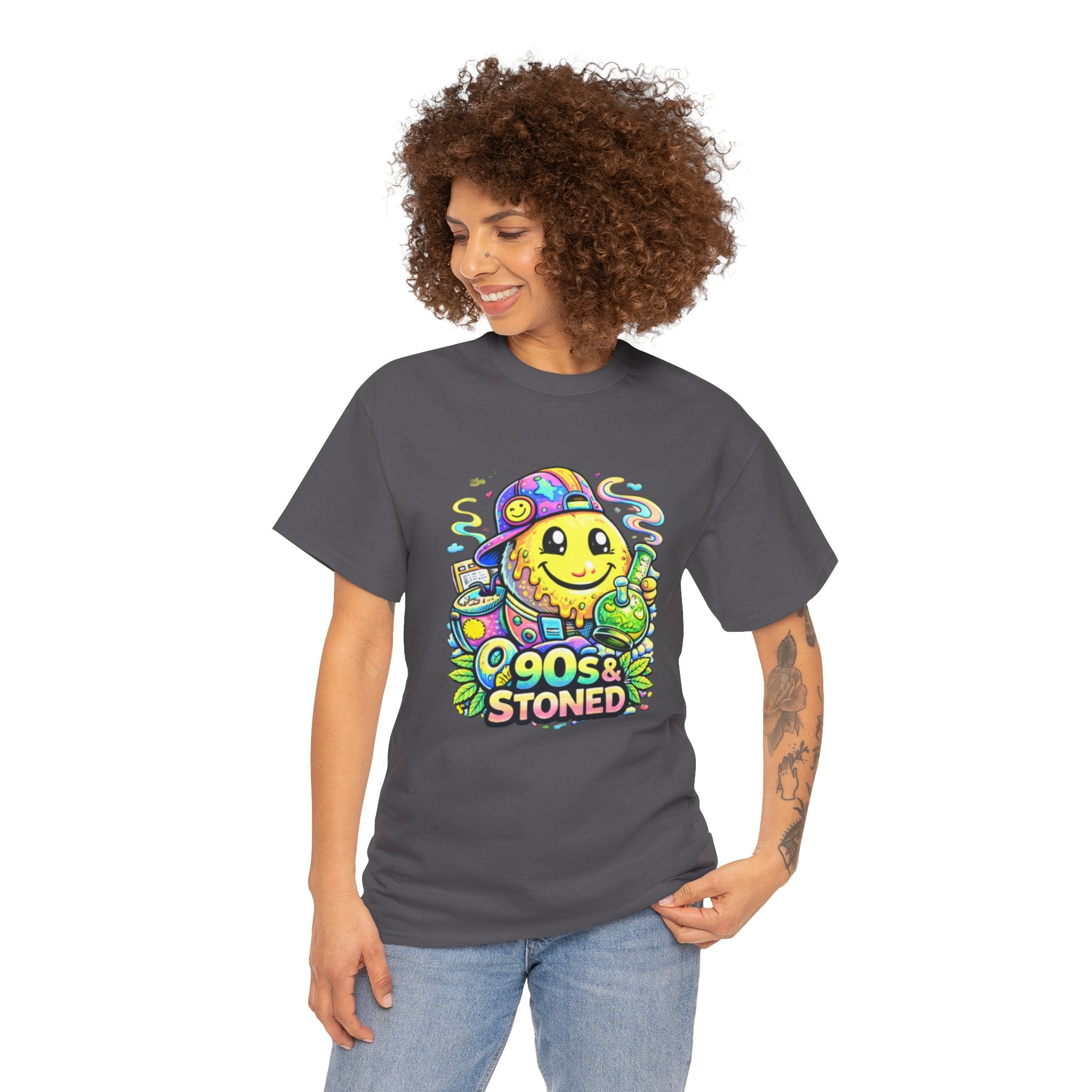 90s & Stoned Smiley Tee — Retro Vaporwave Cannabis Graphic T-Shirt