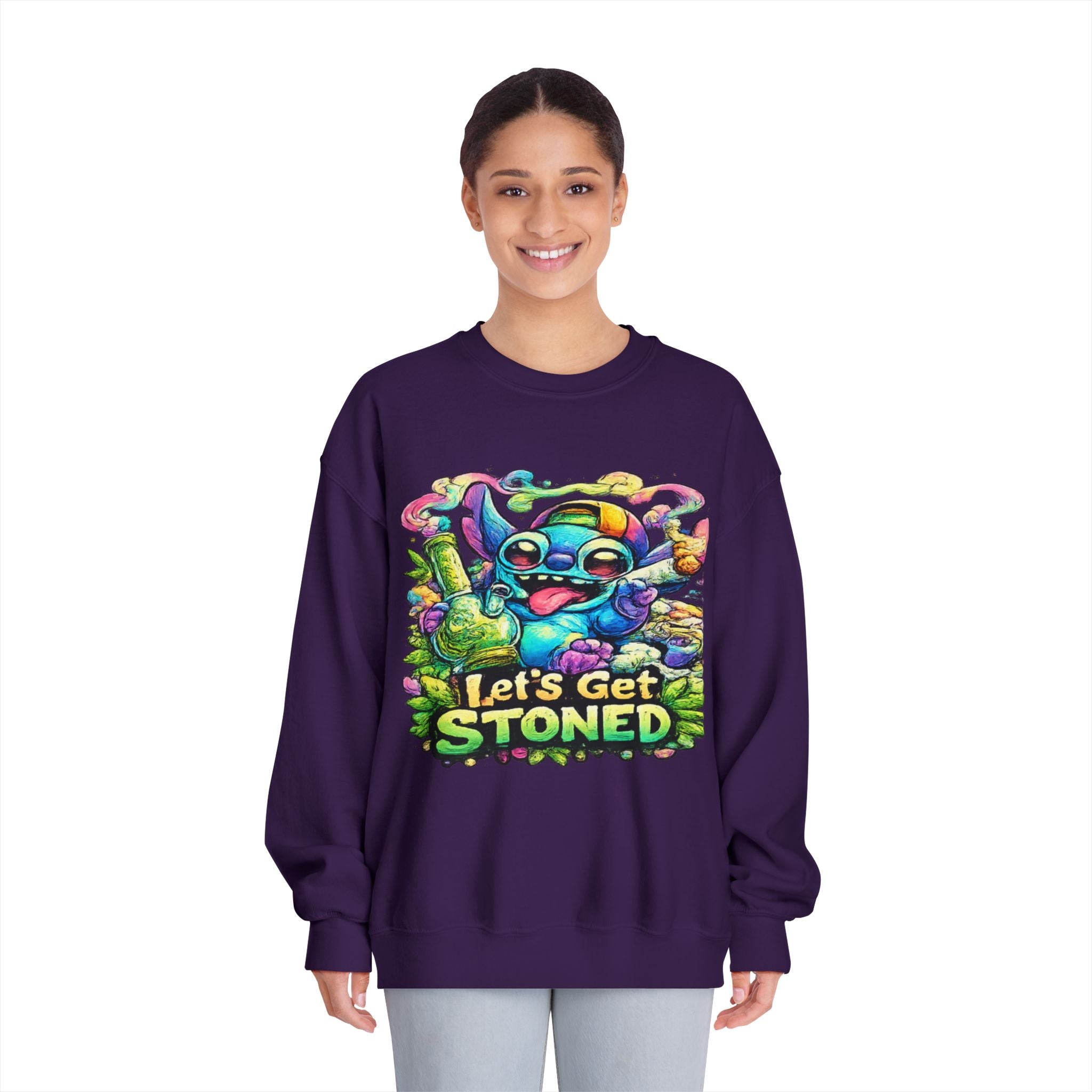 Let's Get Stoned Crewneck Sweatshirt – Colorful Psychedelic Alien Graphic