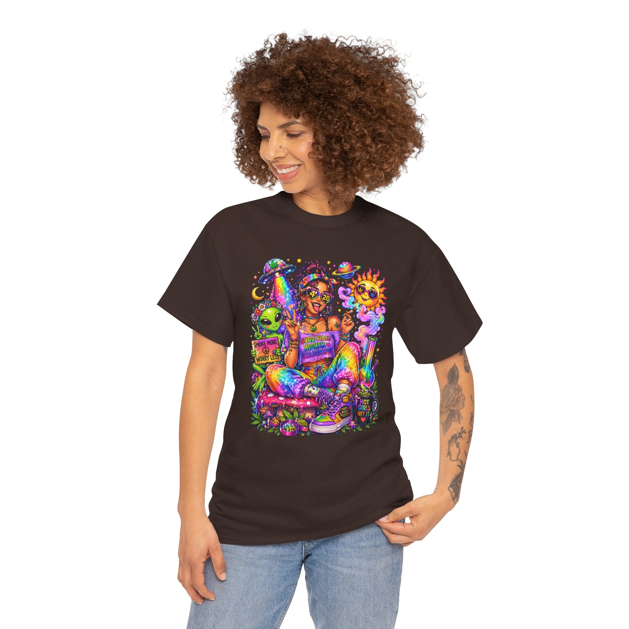 Psychedelic Hippie Girl T-Shirt — Colorful Boho Sun, Mushroom & Alien Graphic Tee