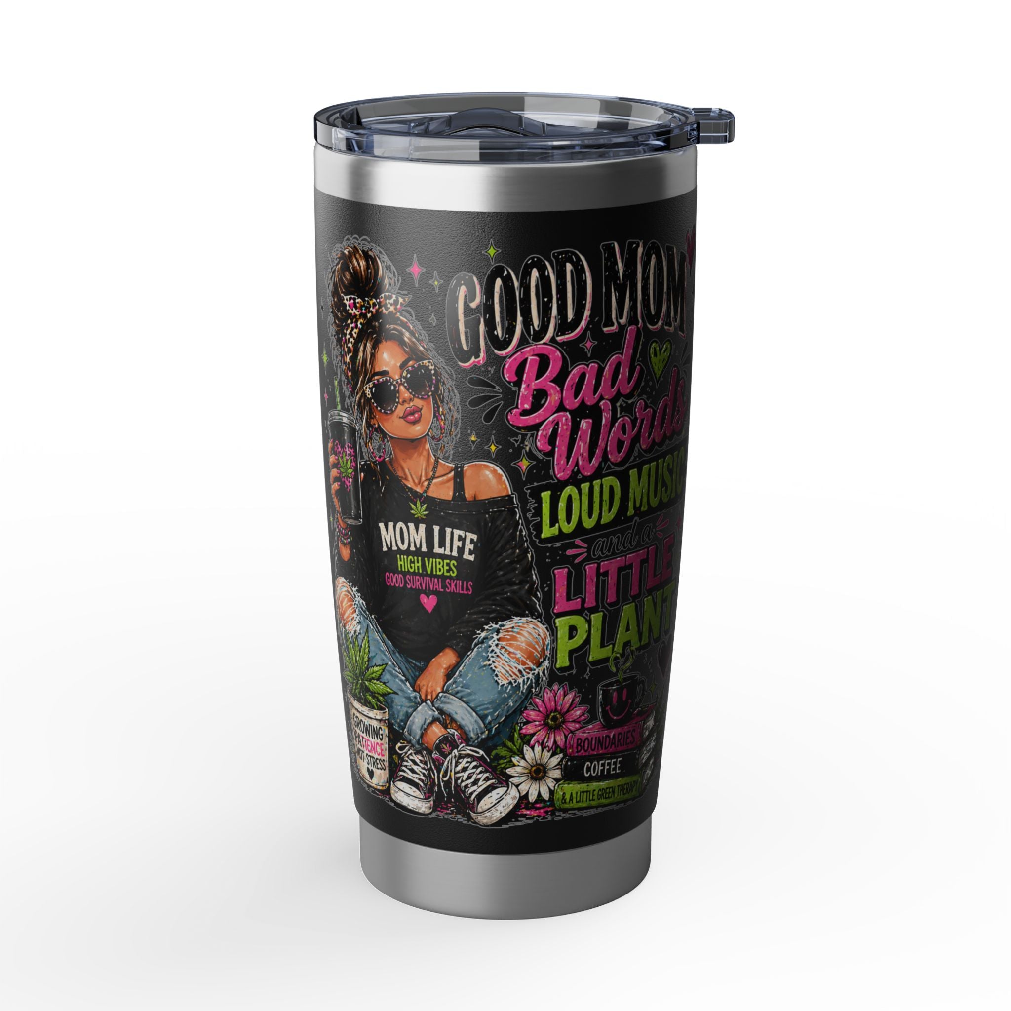 Mom Life 20oz Tumbler – 'Mom with Coffee, Plants & Music' Insulated Travel Cup
