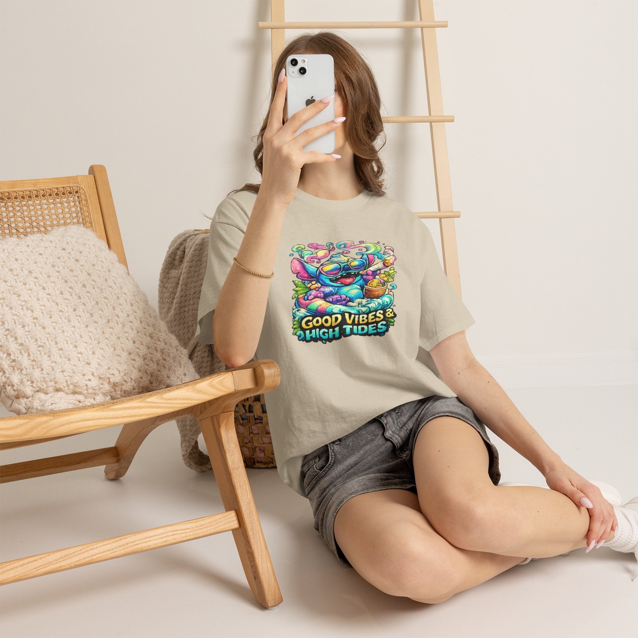 T-Shirt — "Good Vibes & High Tides" Colorful Surf Shark Graphic Tee