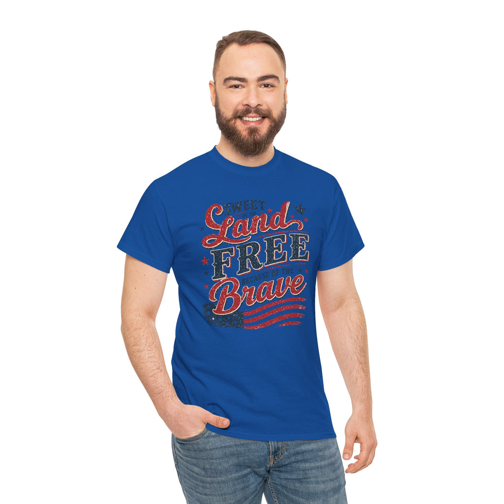 Patriotic Tee — "Sweet Land Free Because of the Brave" American Flag Shirt