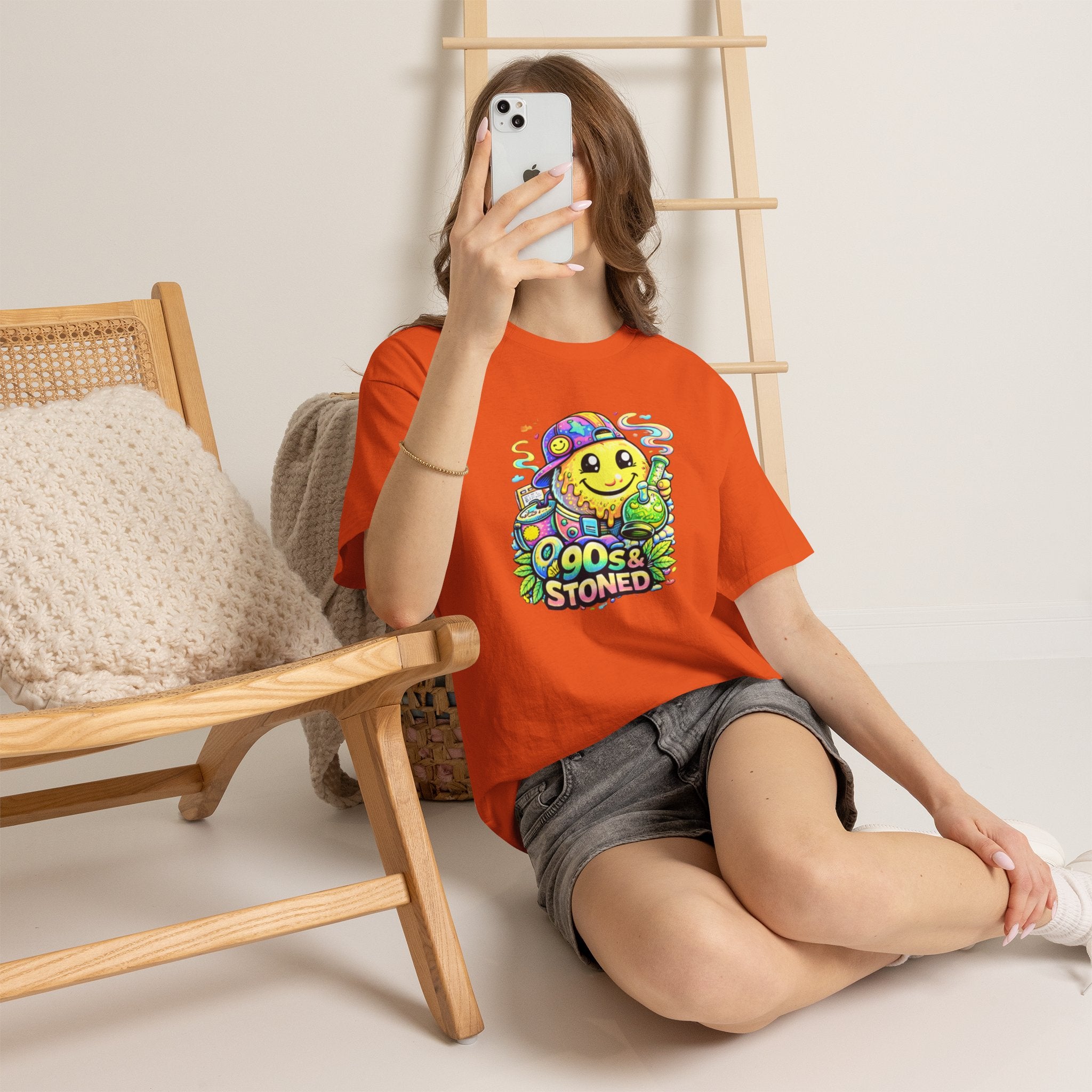 90s & Stoned Smiley Tee — Retro Vaporwave Cannabis Graphic T-Shirt