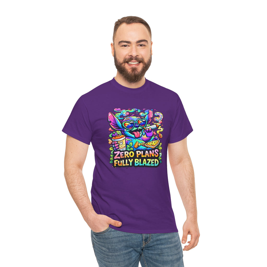 Zero Plans Fully Blazed Tee — Colorful Stoner Cat Graphic T-Shirt